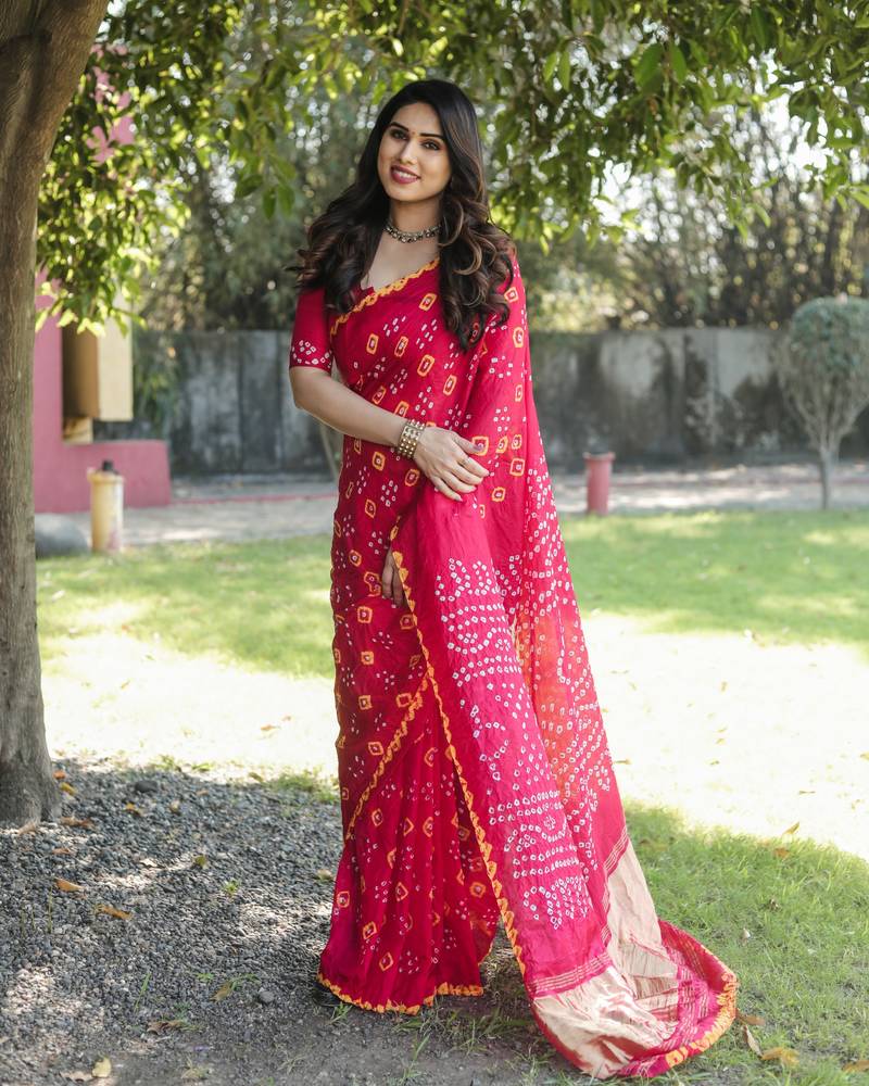 Anaita Pink Woven Design Pure Bandhej Silk Saree With Blouse