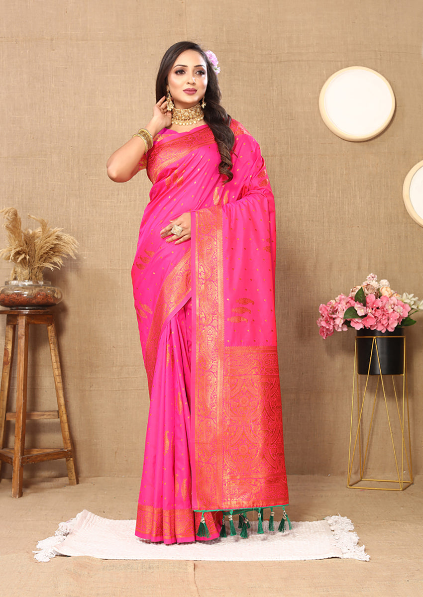 Lorenvalley Fashion Pink Soft Silk Copper Zari weaving Design Saree - Swadesiicart