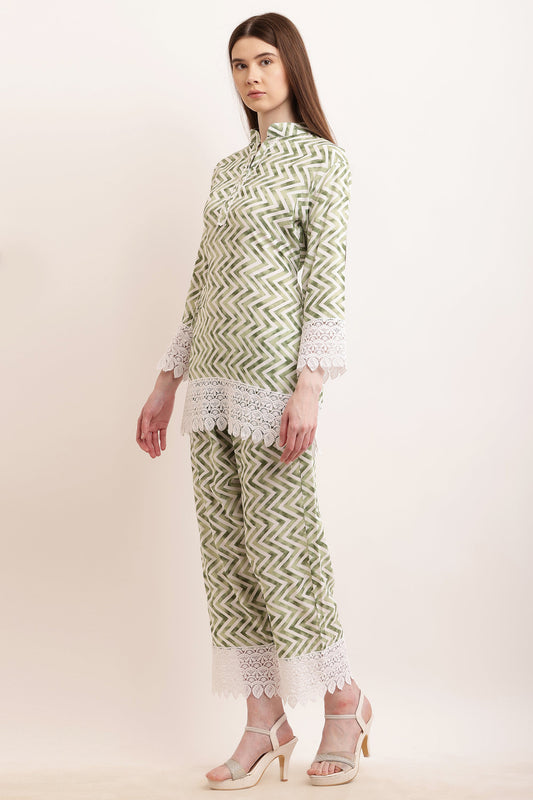 PAVONINE Pista Color Zig-Zag Printed with Lace Inserted Cord Set For Women - Swadesiicart