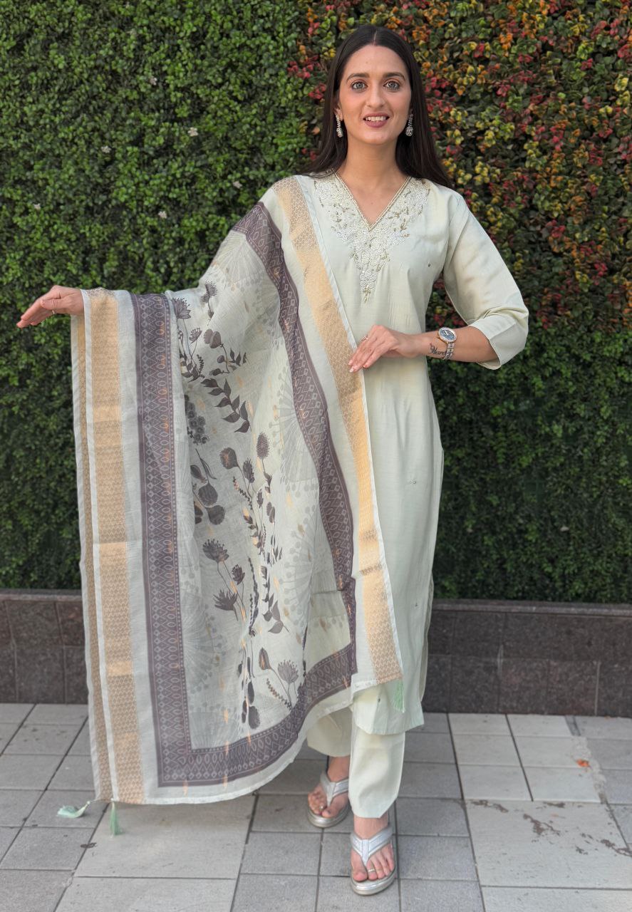 Lorenvalley Fashion Pista Roman Silk Hand Work Kurta Pant with Dupatta - Swadesiicart