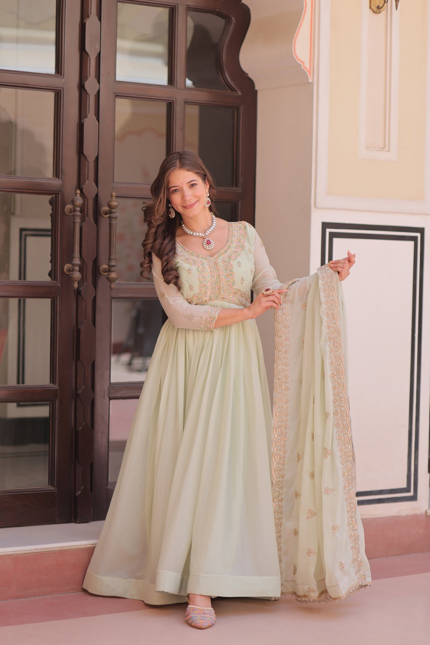 Lorenvalley Fashion Pista Star Georgette with Beads & Sequins Multi Embroidered work Anarkali Gown with Dupatta - Swadesiicart