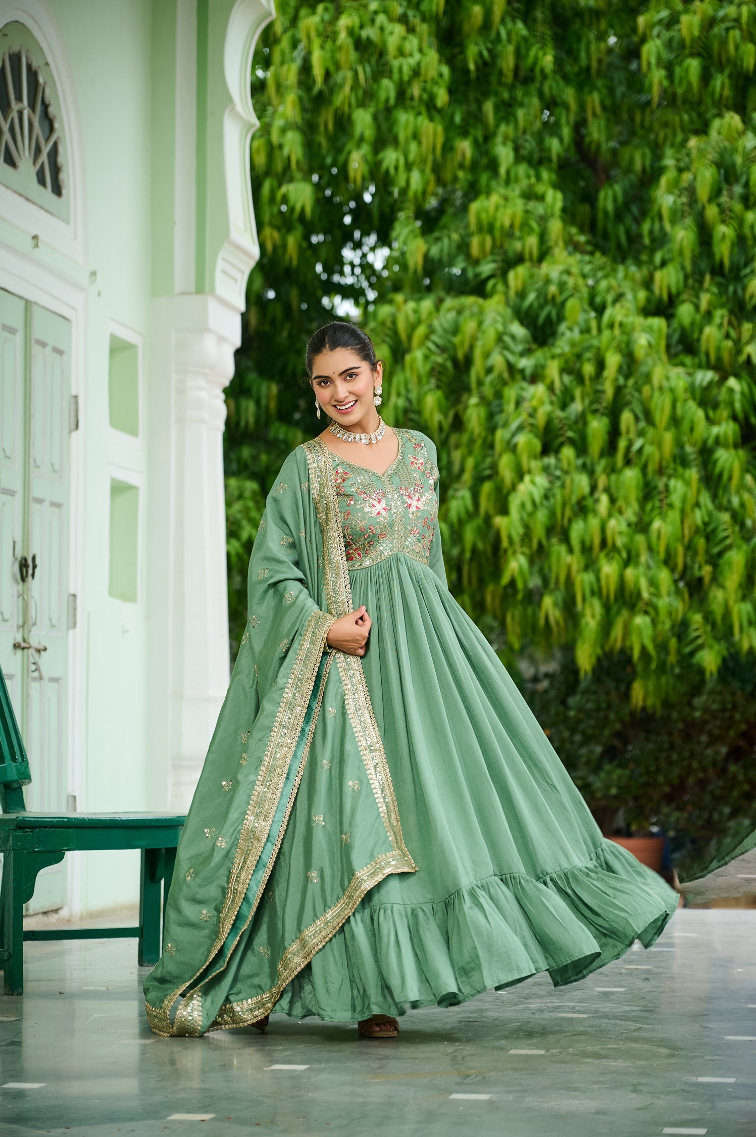 Lorenvalley Fashion Pista Vichitra Silk with Embroidered Zari & Thread work Anarkali Gown with Dupatta - Swadesiicart