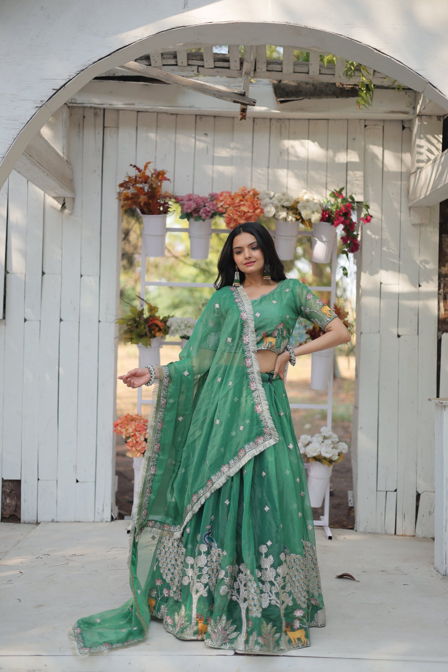 Lorenvalley Pista Gold Coin Fabric with Sequins and Thread Embroidered work Lehenga Choli with Dupatta | Swadesiicart