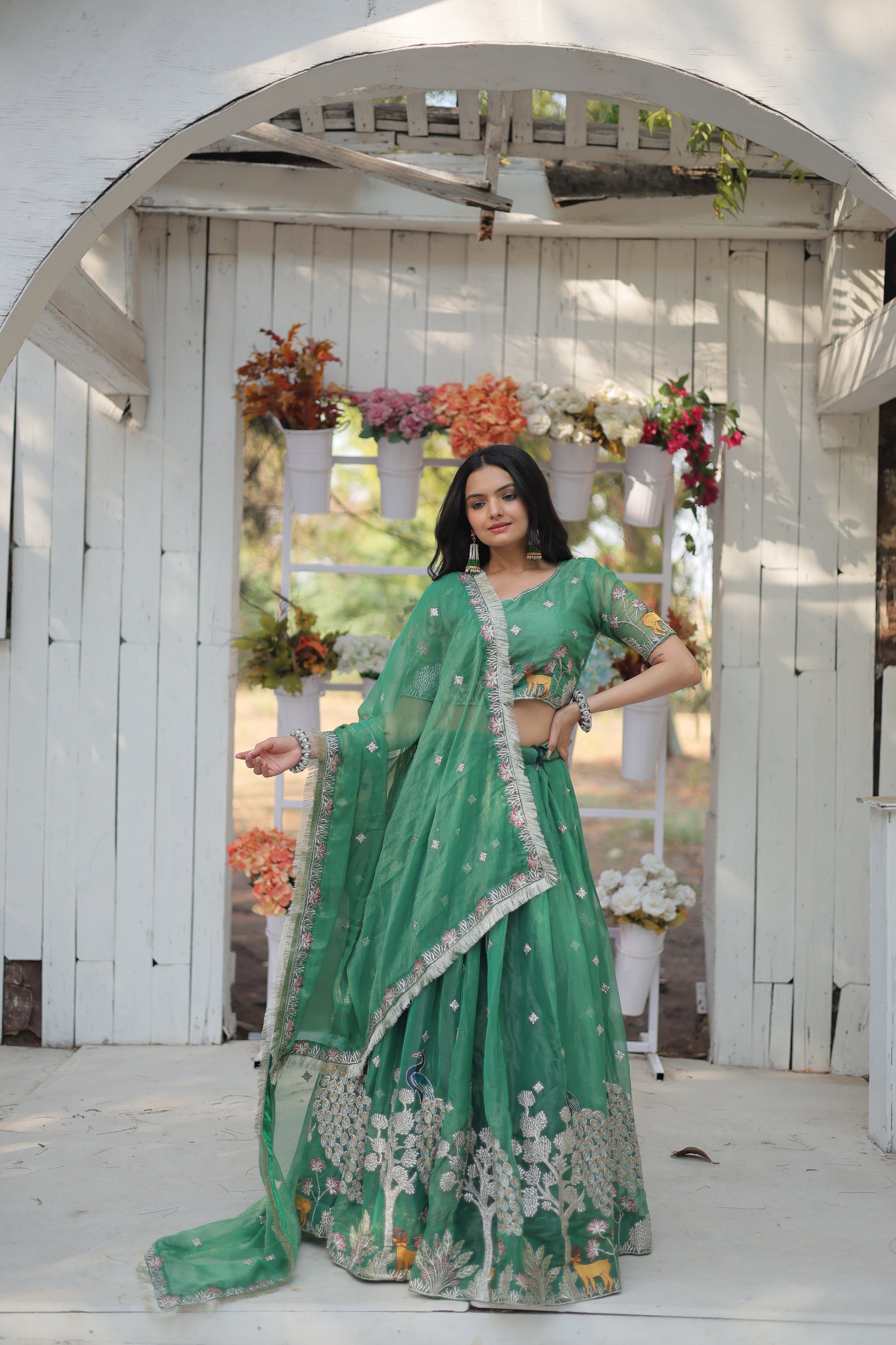 Lorenvalley Pista Gold Coin Fabric with Sequins and Thread Embroidered work Lehenga Choli with Dupatta | Swadesiicart