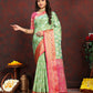 Lorenvalley Fashion Pista Organza Silk Woven Design with Rich Meenakari Weaving Pallu Saree - Swadesiicart