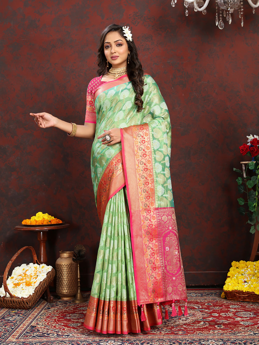 Lorenvalley Fashion Pista Organza Silk Woven Design with Rich Meenakari Weaving Pallu Saree - Swadesiicart