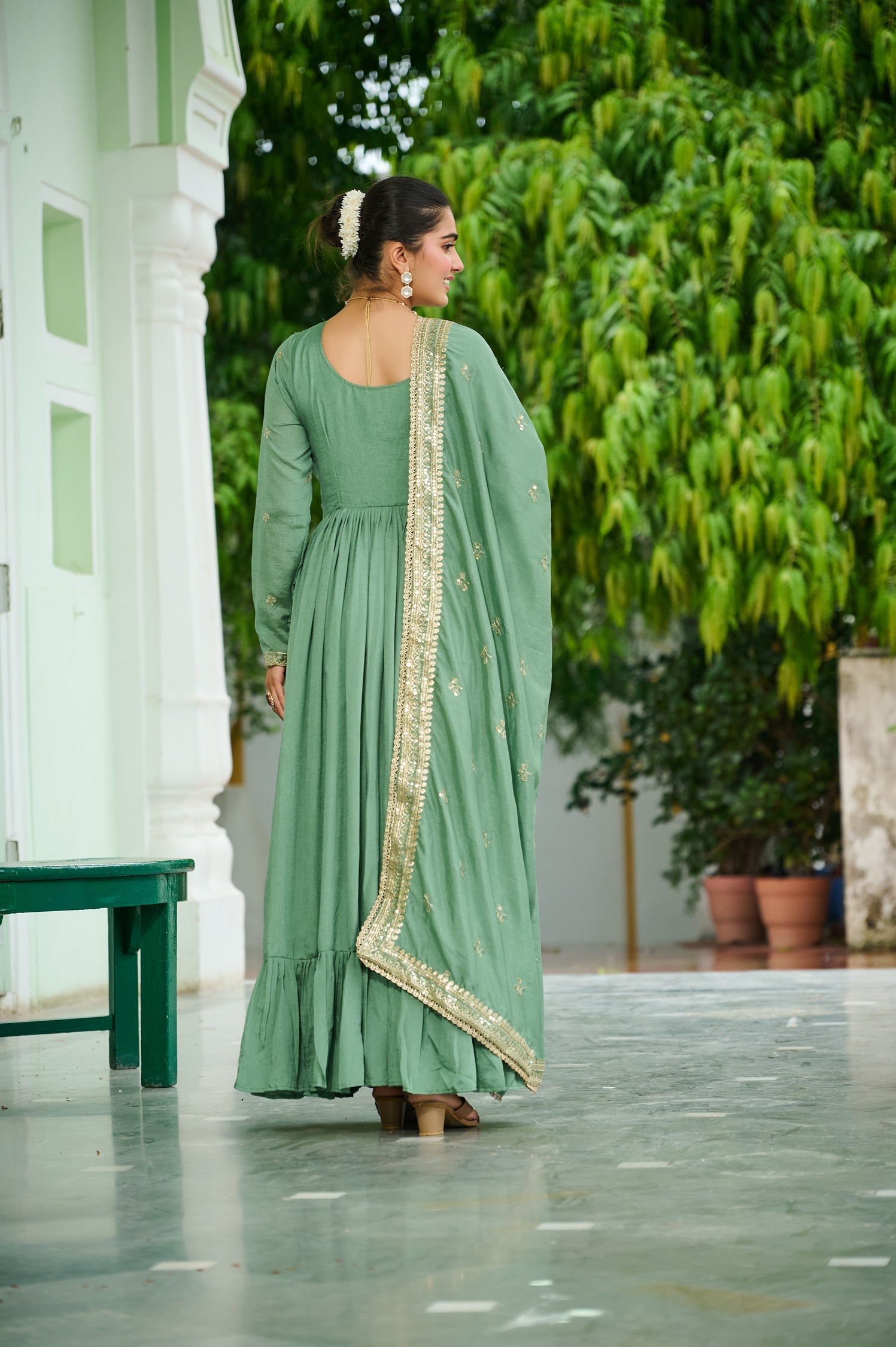Lorenvalley Fashion Pista Vichitra Silk with Embroidered Zari & Thread work Anarkali Gown with Dupatta - Swadesiicart