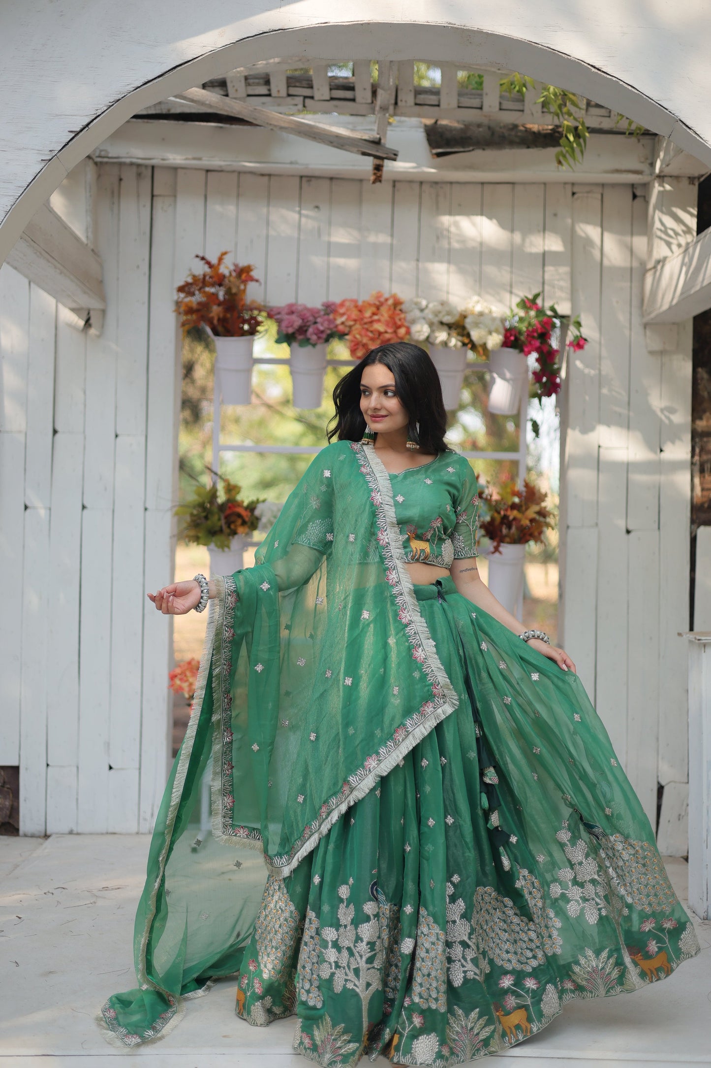 Lorenvalley Pista Gold Coin Fabric with Sequins and Thread Embroidered work Lehenga Choli with Dupatta | Swadesiicart