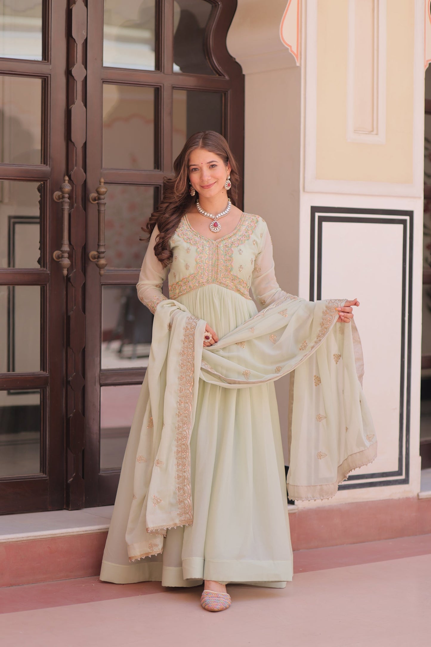 Lorenvalley Fashion Pista Star Georgette with Beads & Sequins Multi Embroidered work Anarkali Gown with Dupatta - Swadesiicart