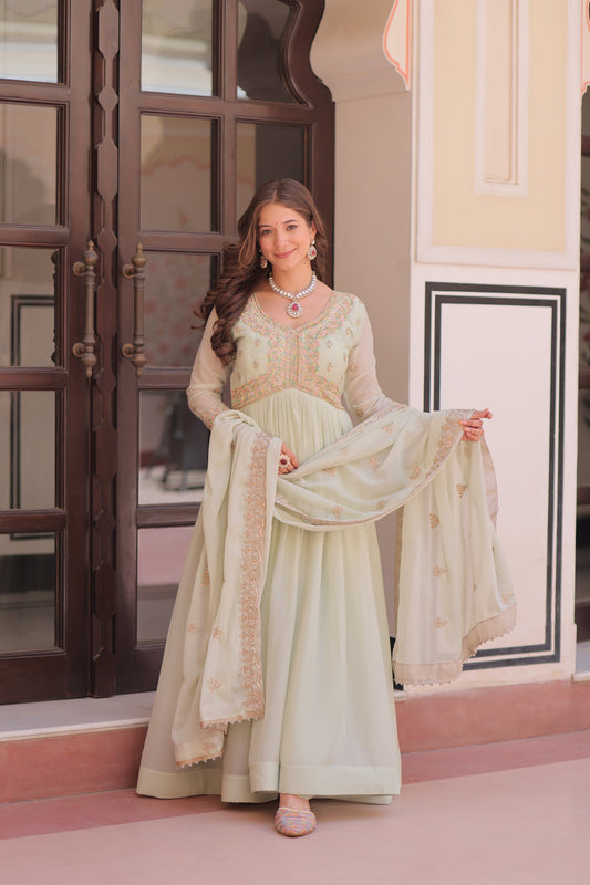 Lorenvalley Fashion Pista Star Georgette with Beads & Sequins Multi Embroidered work Anarkali Gown with Dupatta - Swadesiicart