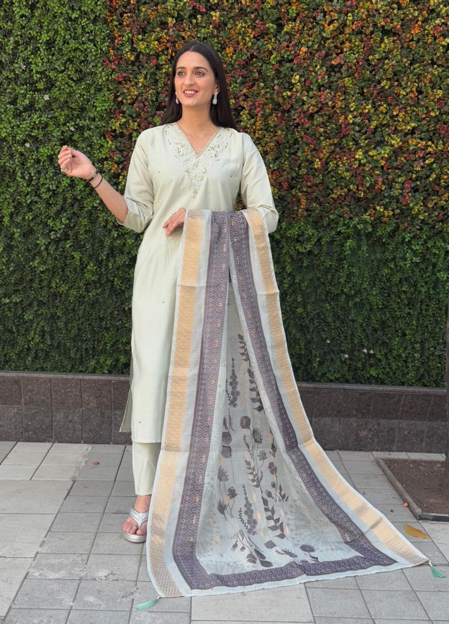 Lorenvalley Fashion Pista Roman Silk Hand Work Kurta Pant with Dupatta - Swadesiicart