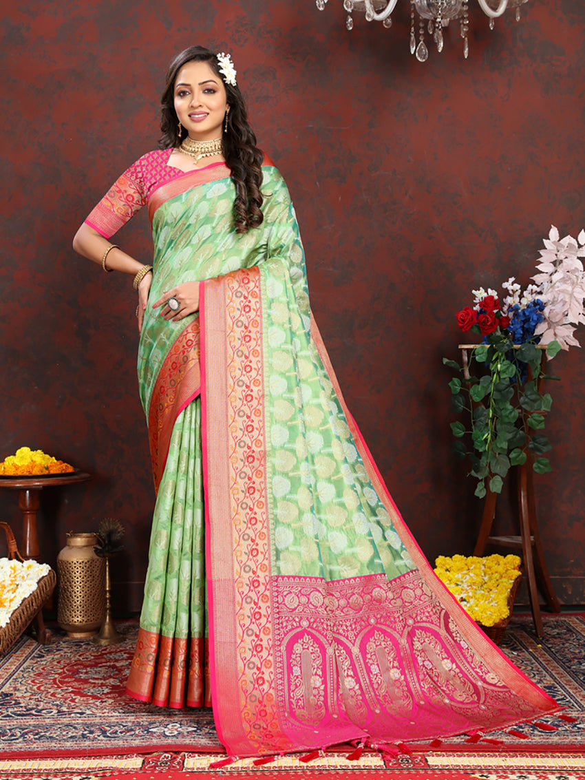 Lorenvalley Fashion Pista Organza Silk Woven Design with Rich Meenakari Weaving Pallu Saree - Swadesiicart