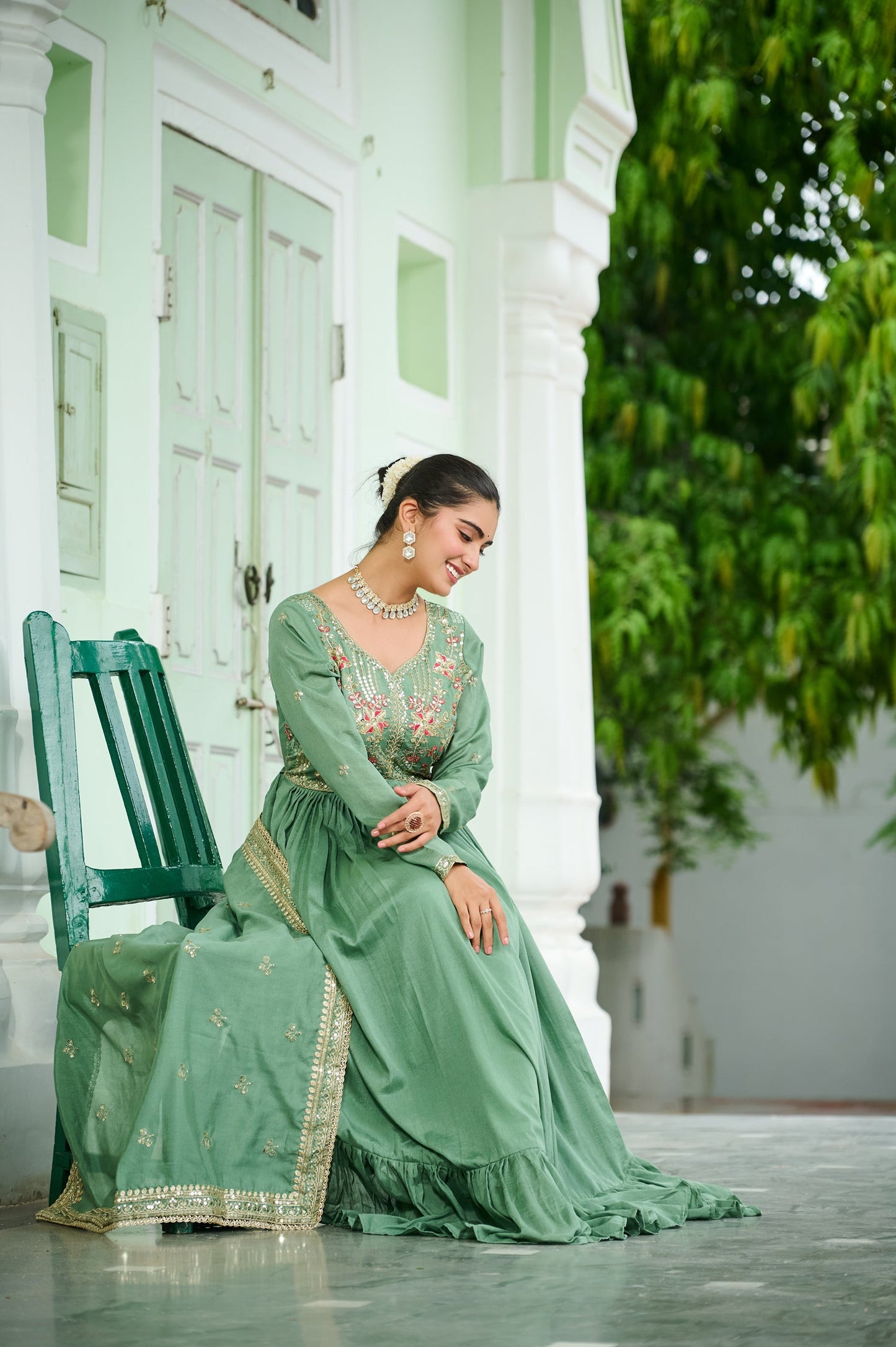 Lorenvalley Fashion Pista Vichitra Silk with Embroidered Zari & Thread work Anarkali Gown with Dupatta - Swadesiicart