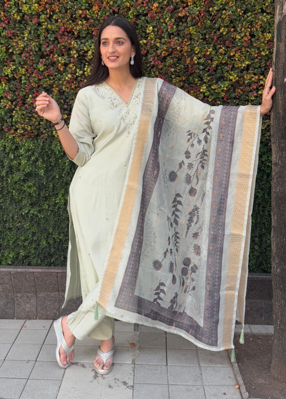 Lorenvalley Fashion Pista Roman Silk Hand Work Kurta Pant with Dupatta - Swadesiicart