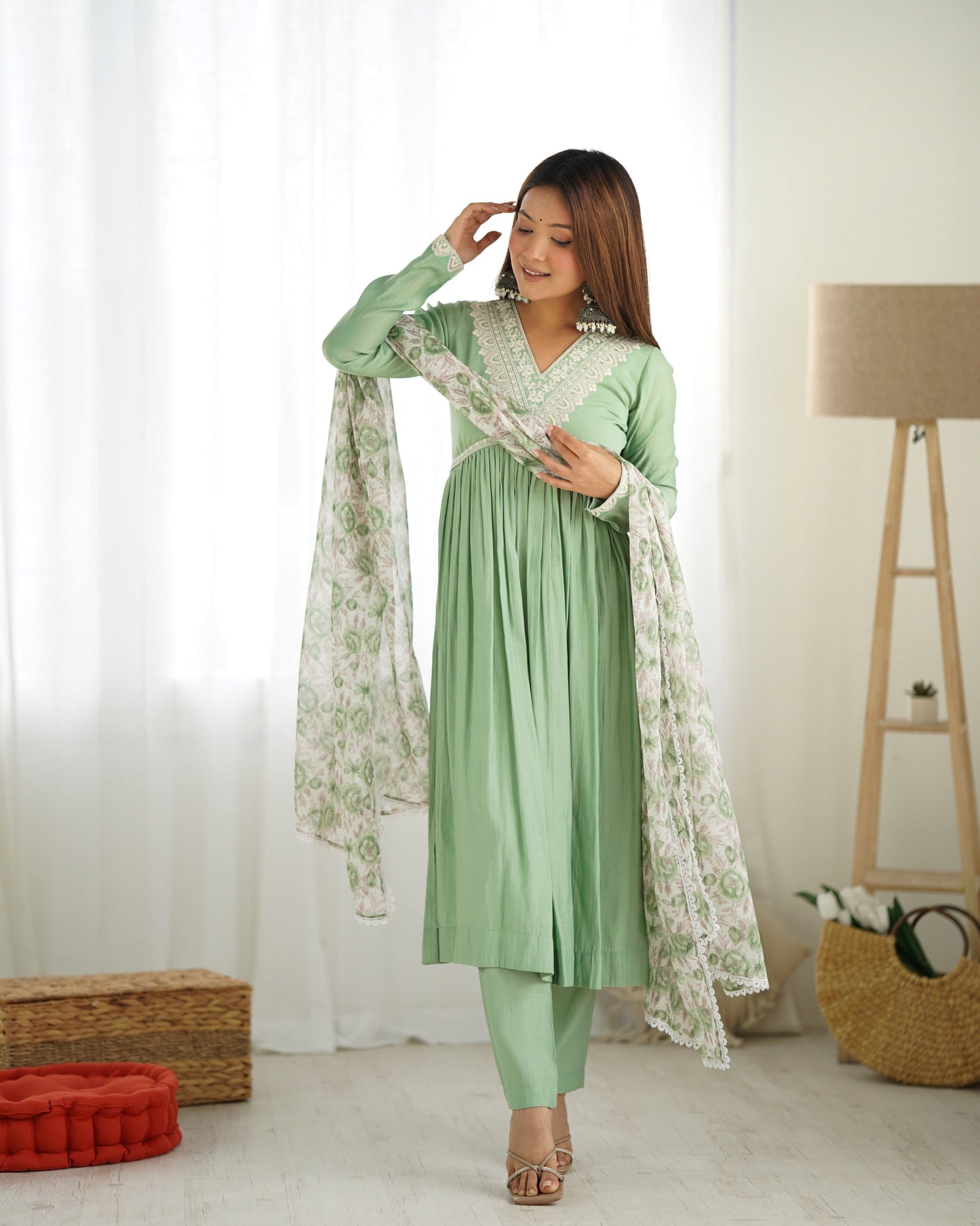 Lorenvalley Pista Roman Silk Chanderi Fabric Fit Nyra Cut Kurta Pant With Dupatta Set | Swadesiicart