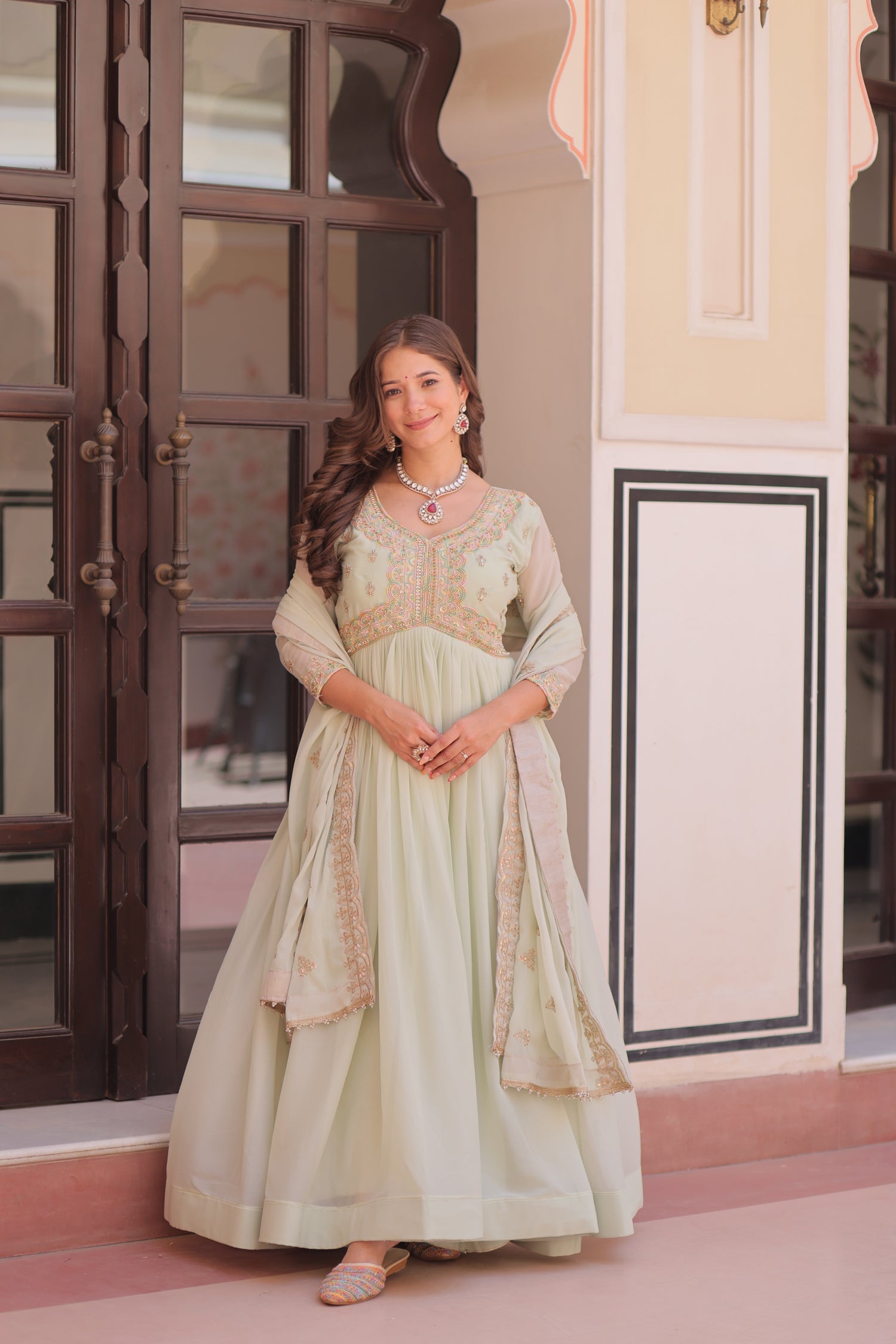 Lorenvalley Fashion Pista Star Georgette with Beads & Sequins Multi Embroidered work Anarkali Gown with Dupatta - Swadesiicart