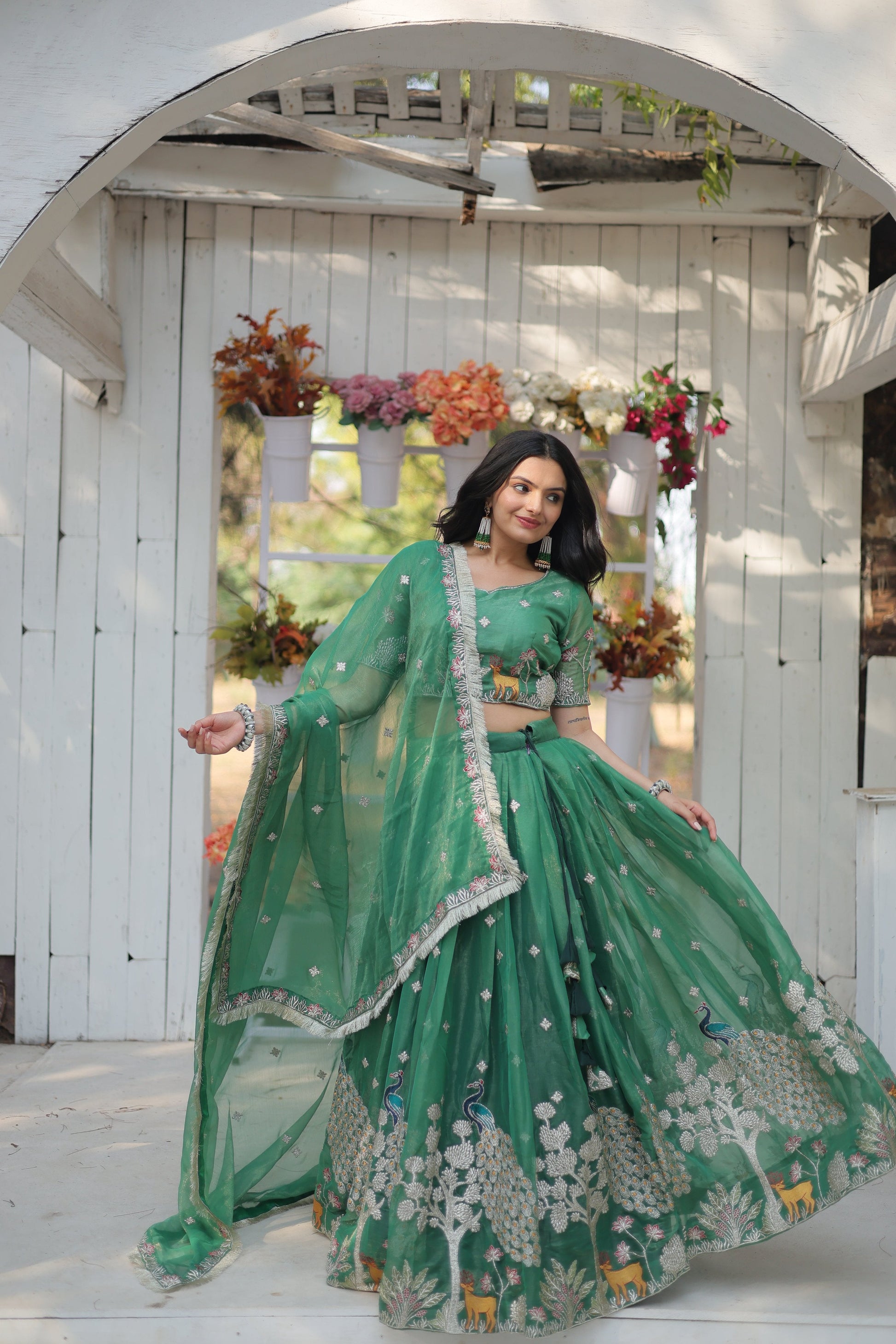 Lorenvalley Pista Gold Coin Fabric with Sequins and Thread Embroidered work Lehenga Choli with Dupatta | Swadesiicart
