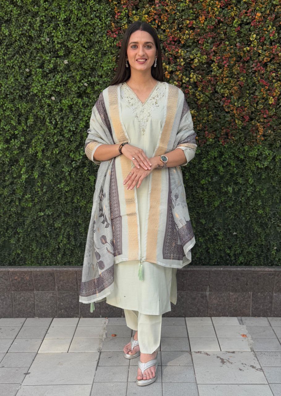 Lorenvalley Fashion Pista Roman Silk Hand Work Kurta Pant with Dupatta - Swadesiicart
