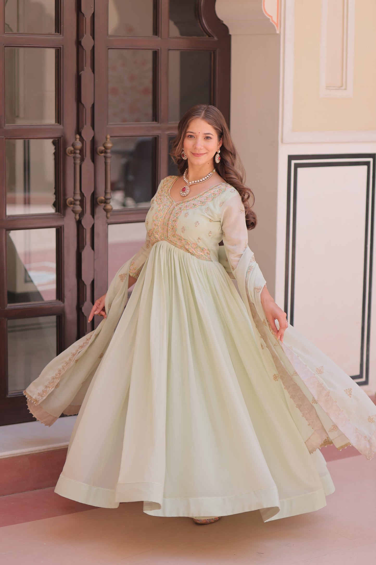 Lorenvalley Fashion Pista Star Georgette with Beads & Sequins Multi Embroidered work Anarkali Gown with Dupatta - Swadesiicart