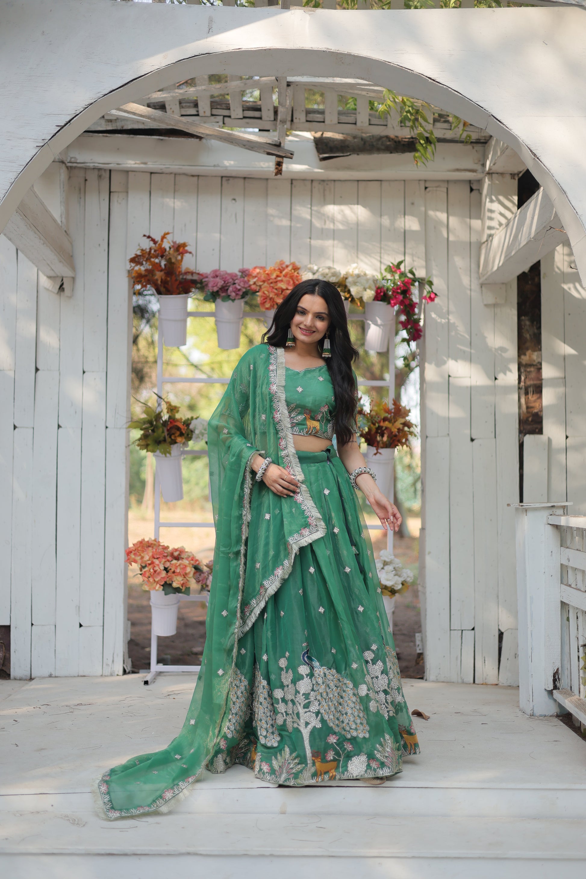 Lorenvalley Pista Gold Coin Fabric with Sequins and Thread Embroidered work Lehenga Choli with Dupatta | Swadesiicart
