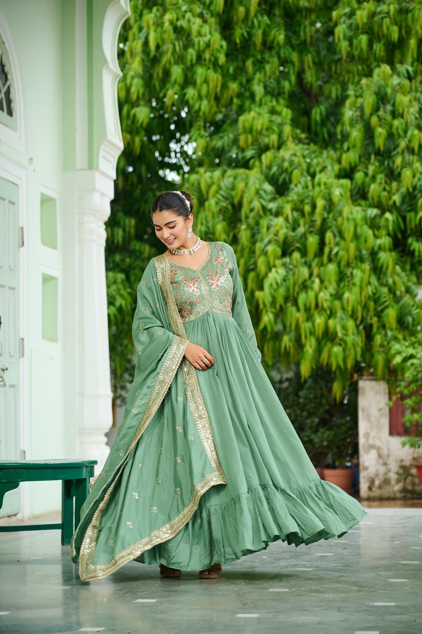 Lorenvalley Fashion Pista Vichitra Silk with Embroidered Zari & Thread work Anarkali Gown with Dupatta - Swadesiicart