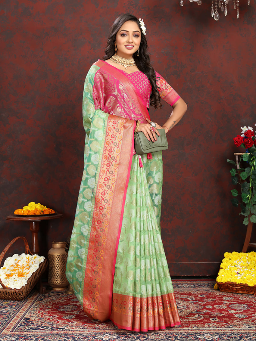 Lorenvalley Fashion Pista Organza Silk Woven Design with Rich Meenakari Weaving Pallu Saree - Swadesiicart