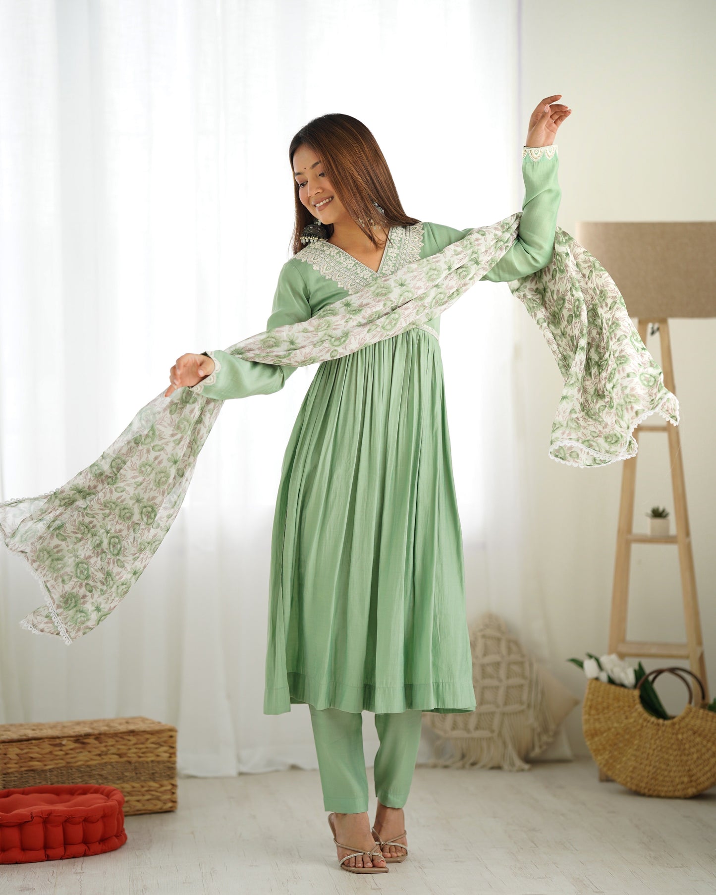 Lorenvalley Pista Roman Silk Chanderi Fabric Fit Nyra Cut Kurta Pant With Dupatta Set | Swadesiicart