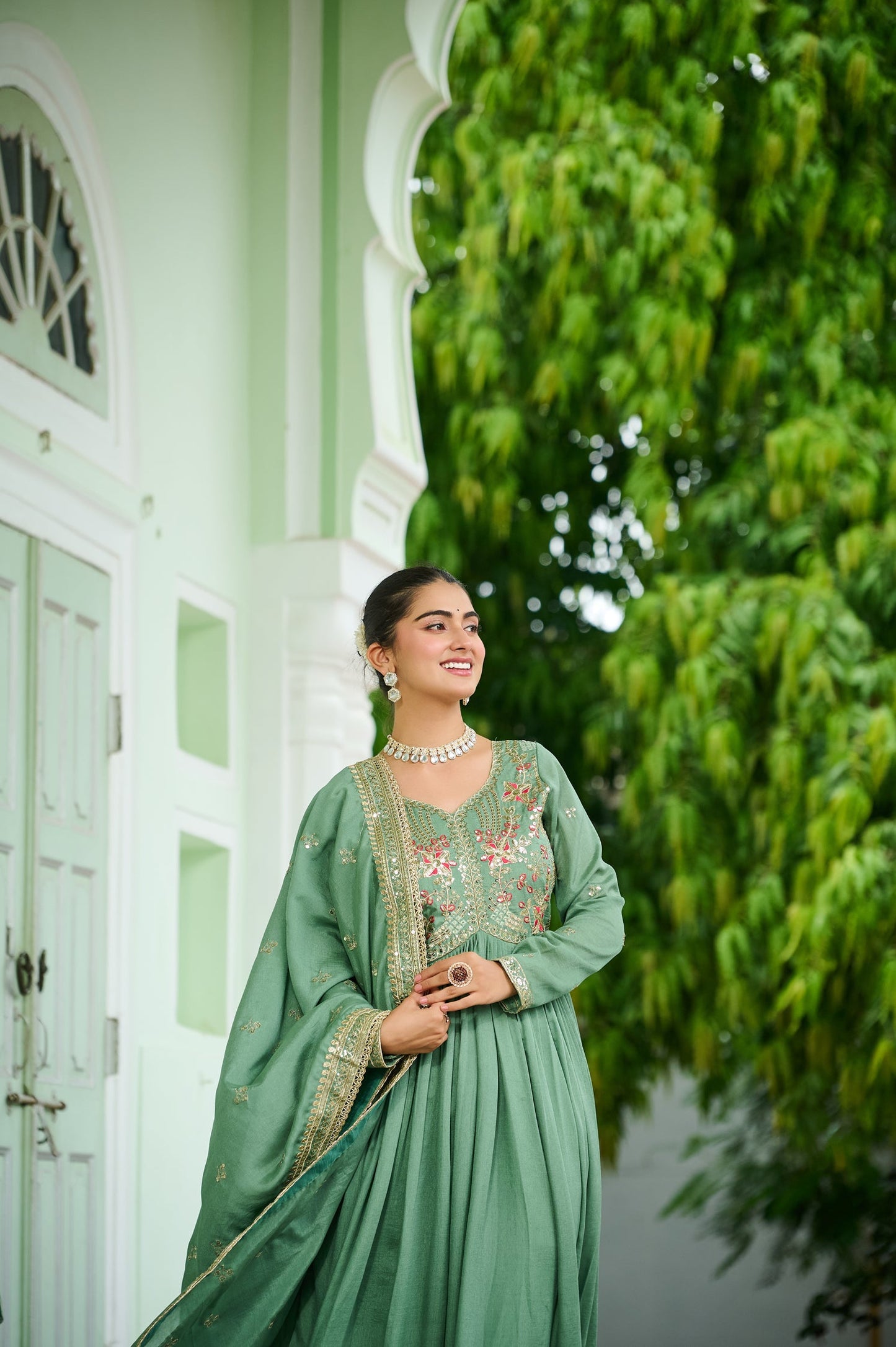 Lorenvalley Fashion Pista Vichitra Silk with Embroidered Zari & Thread work Anarkali Gown with Dupatta - Swadesiicart