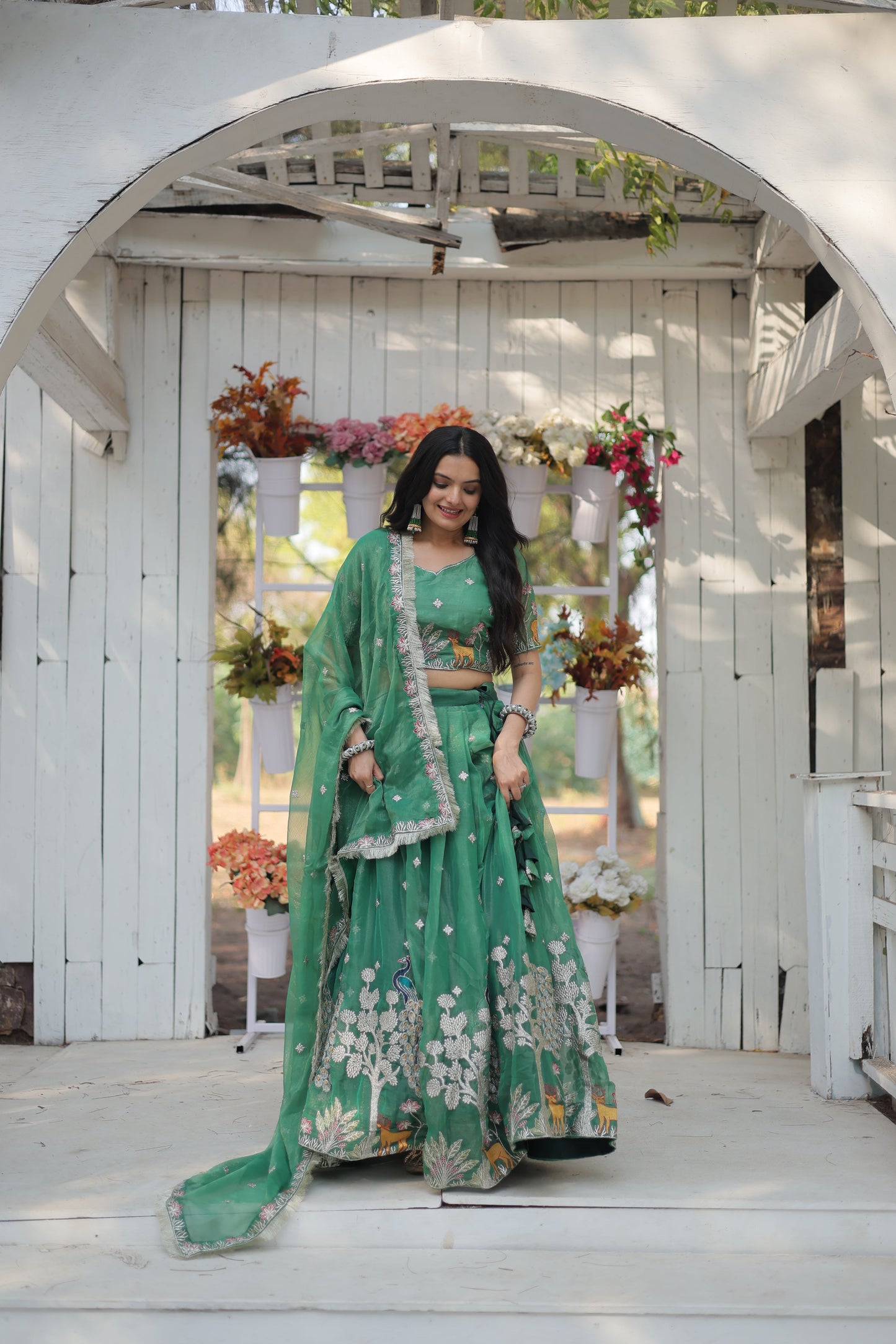Lorenvalley Pista Gold Coin Fabric with Sequins and Thread Embroidered work Lehenga Choli with Dupatta | Swadesiicart