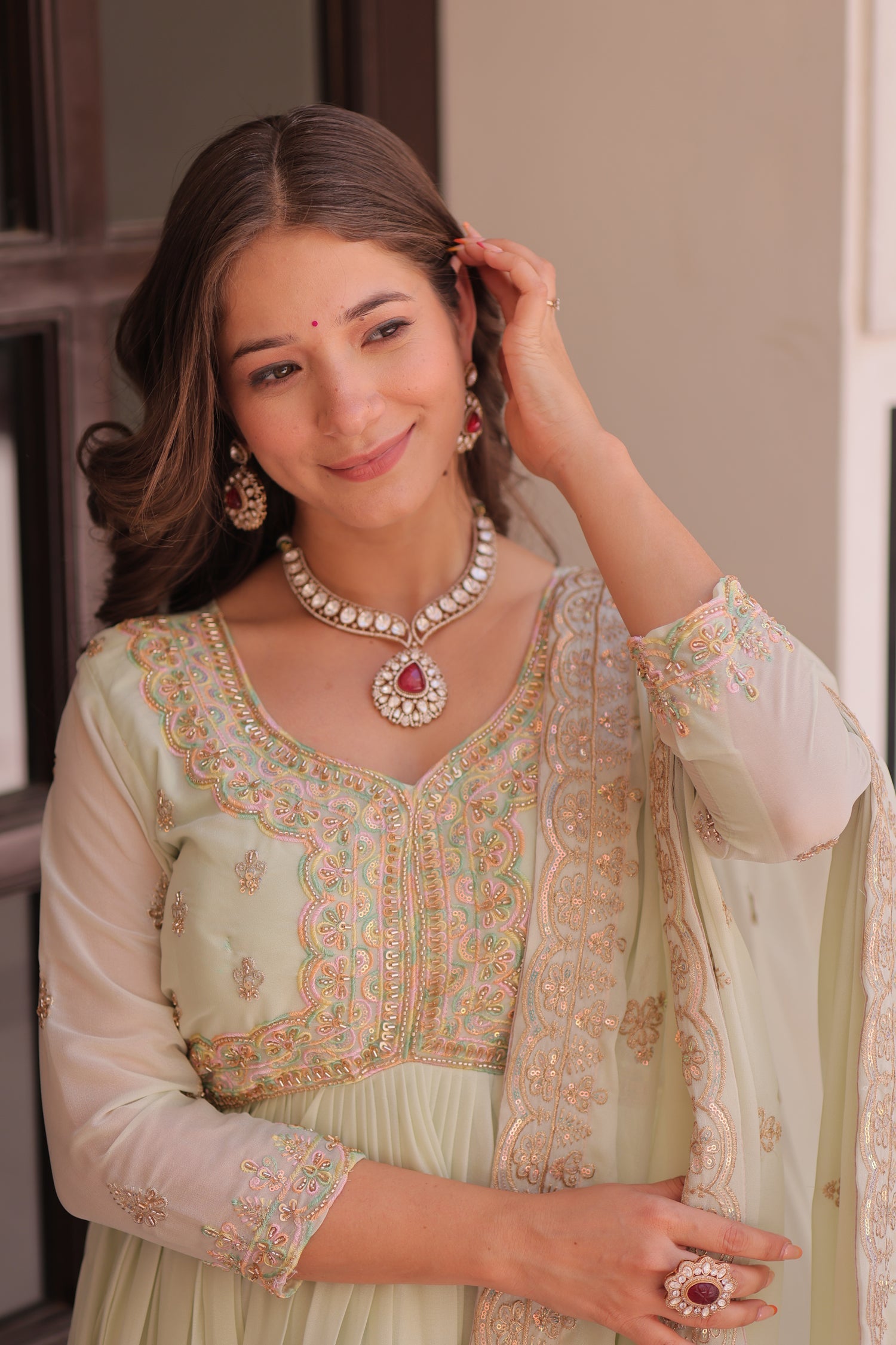 Lorenvalley Fashion Pista Star Georgette with Beads & Sequins Multi Embroidered work Anarkali Gown with Dupatta - Swadesiicart