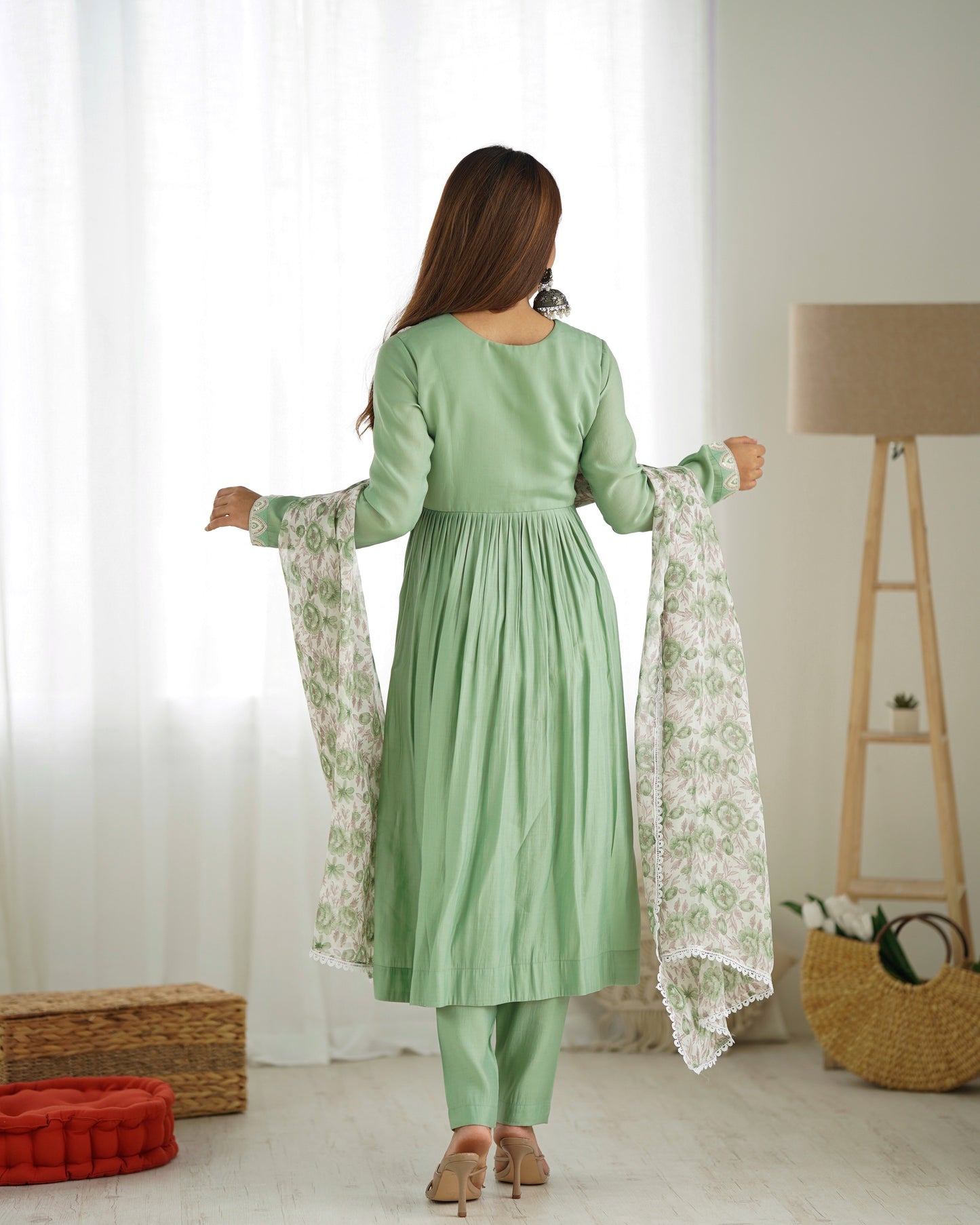 Lorenvalley Pista Roman Silk Chanderi Fabric Fit Nyra Cut Kurta Pant With Dupatta Set | Swadesiicart