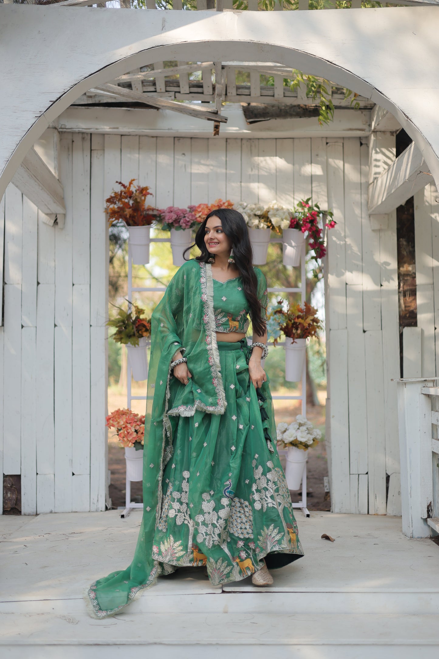 Lorenvalley Pista Gold Coin Fabric with Sequins and Thread Embroidered work Lehenga Choli with Dupatta | Swadesiicart