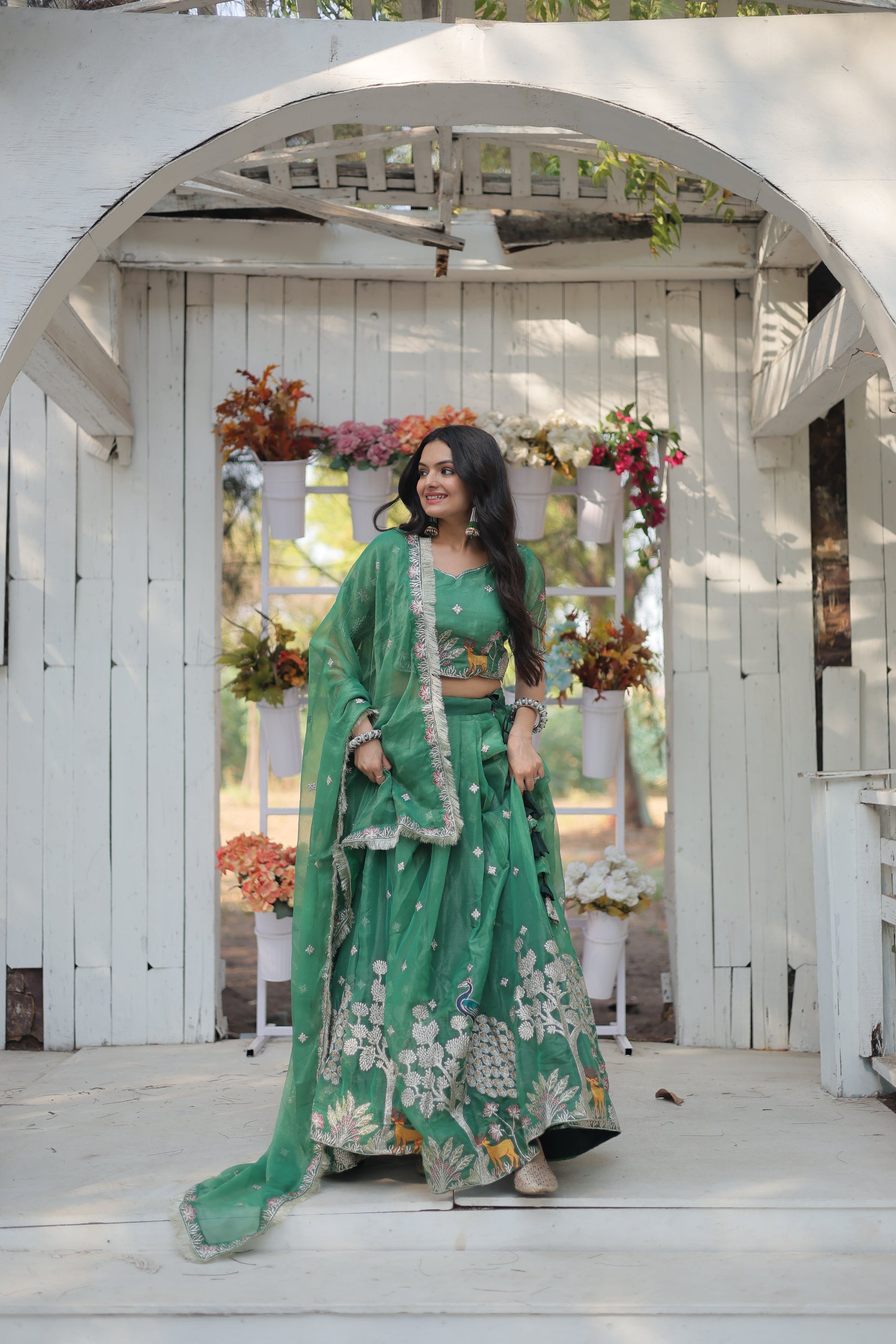Lorenvalley Pista Gold Coin Fabric with Sequins and Thread Embroidered work Lehenga Choli with Dupatta | Swadesiicart