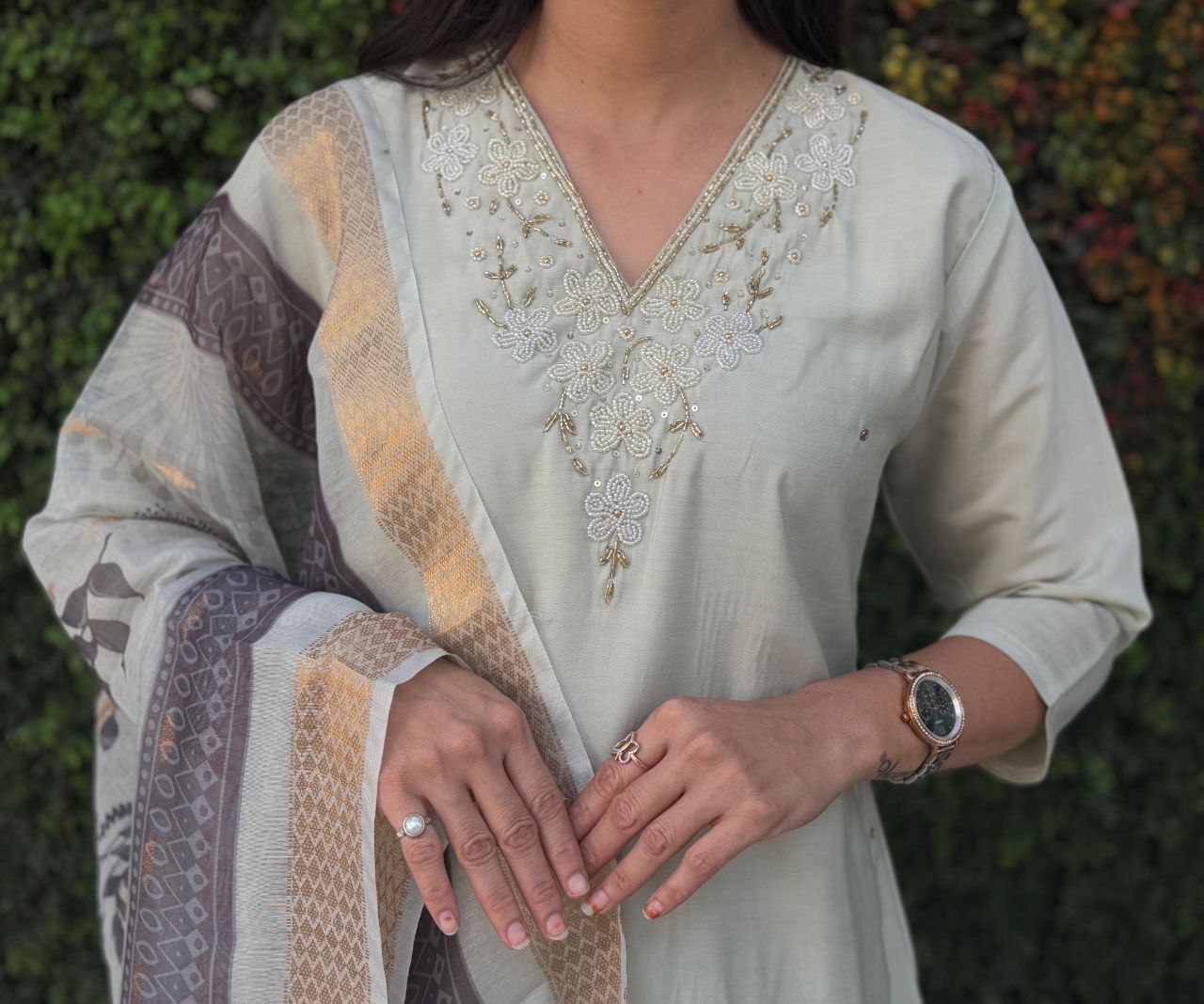 Lorenvalley Fashion Pista Roman Silk Hand Work Kurta Pant with Dupatta - Swadesiicart