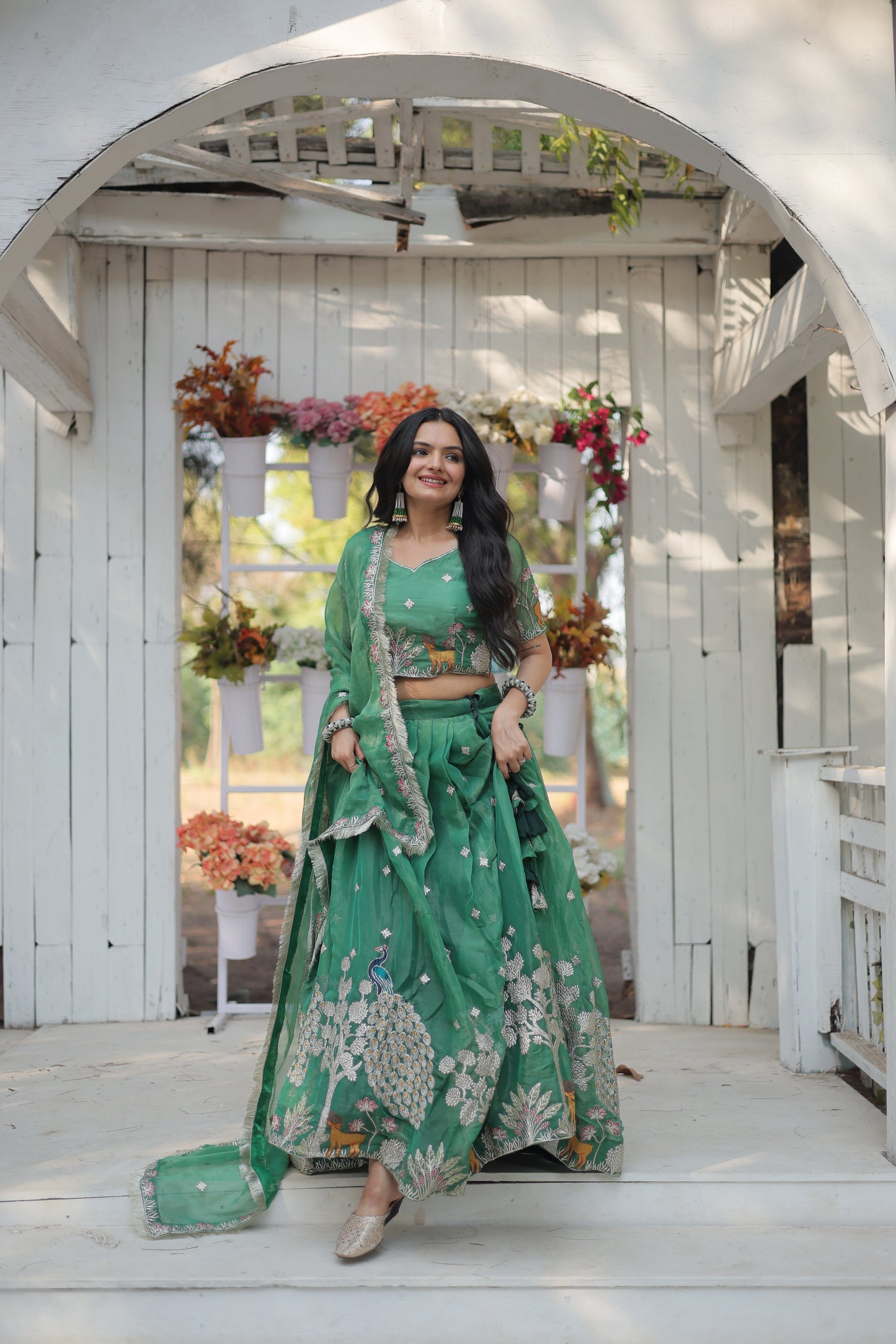 Lorenvalley Pista Gold Coin Fabric with Sequins and Thread Embroidered work Lehenga Choli with Dupatta | Swadesiicart