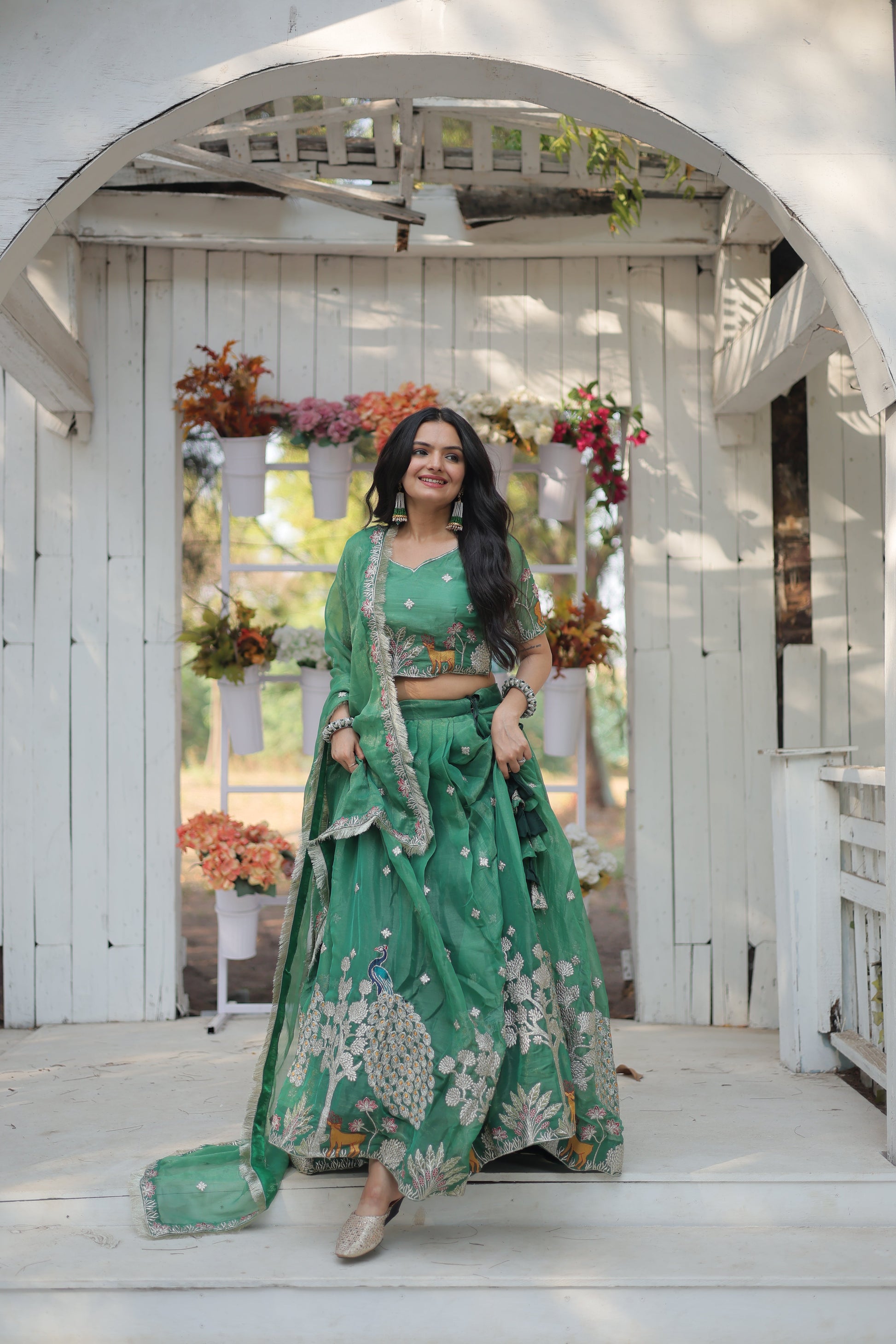 Lorenvalley Pista Gold Coin Fabric with Sequins and Thread Embroidered work Lehenga Choli with Dupatta | Swadesiicart