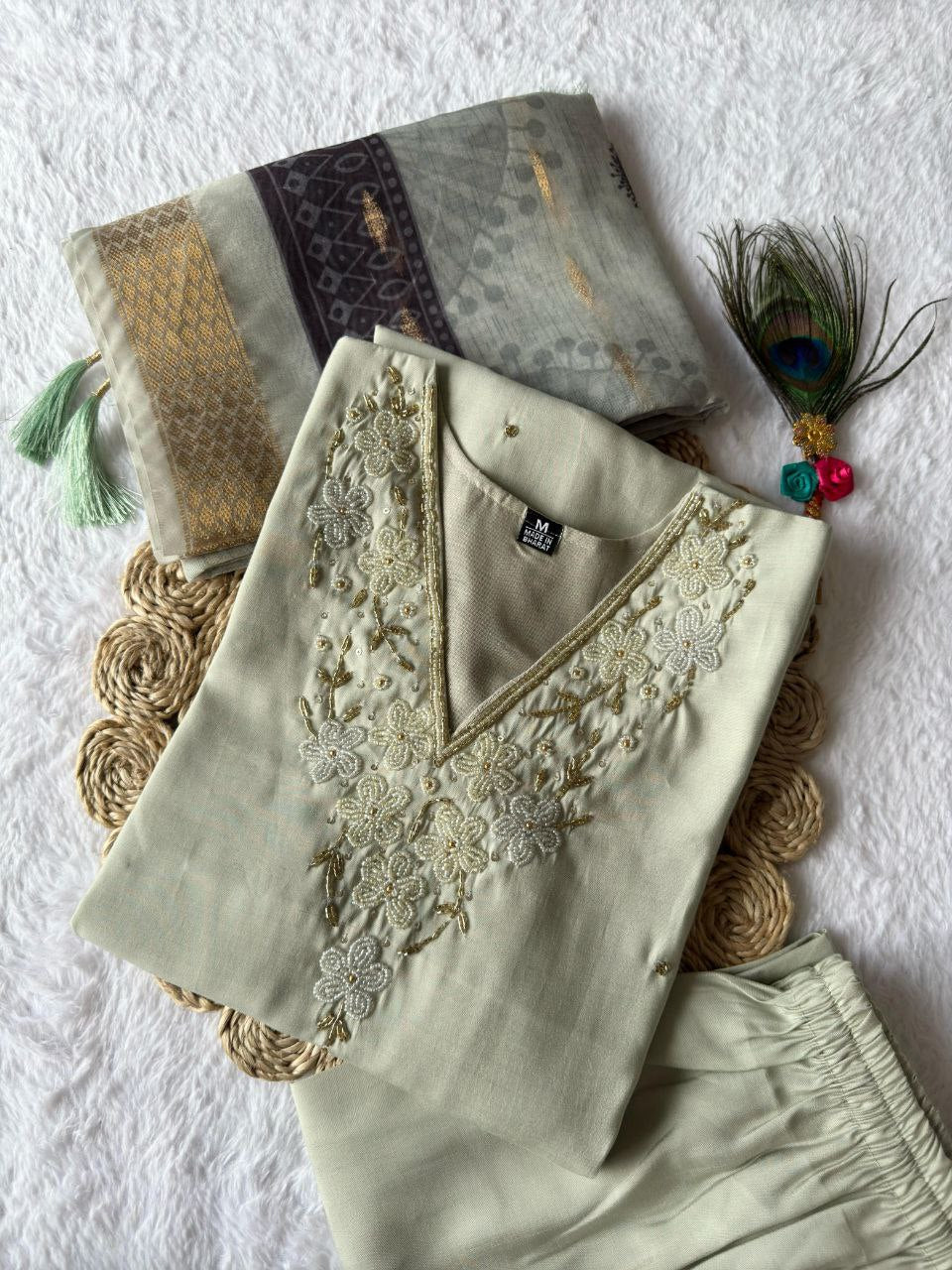 Lorenvalley Fashion Pista Roman Silk Hand Work Kurta Pant with Dupatta - Swadesiicart