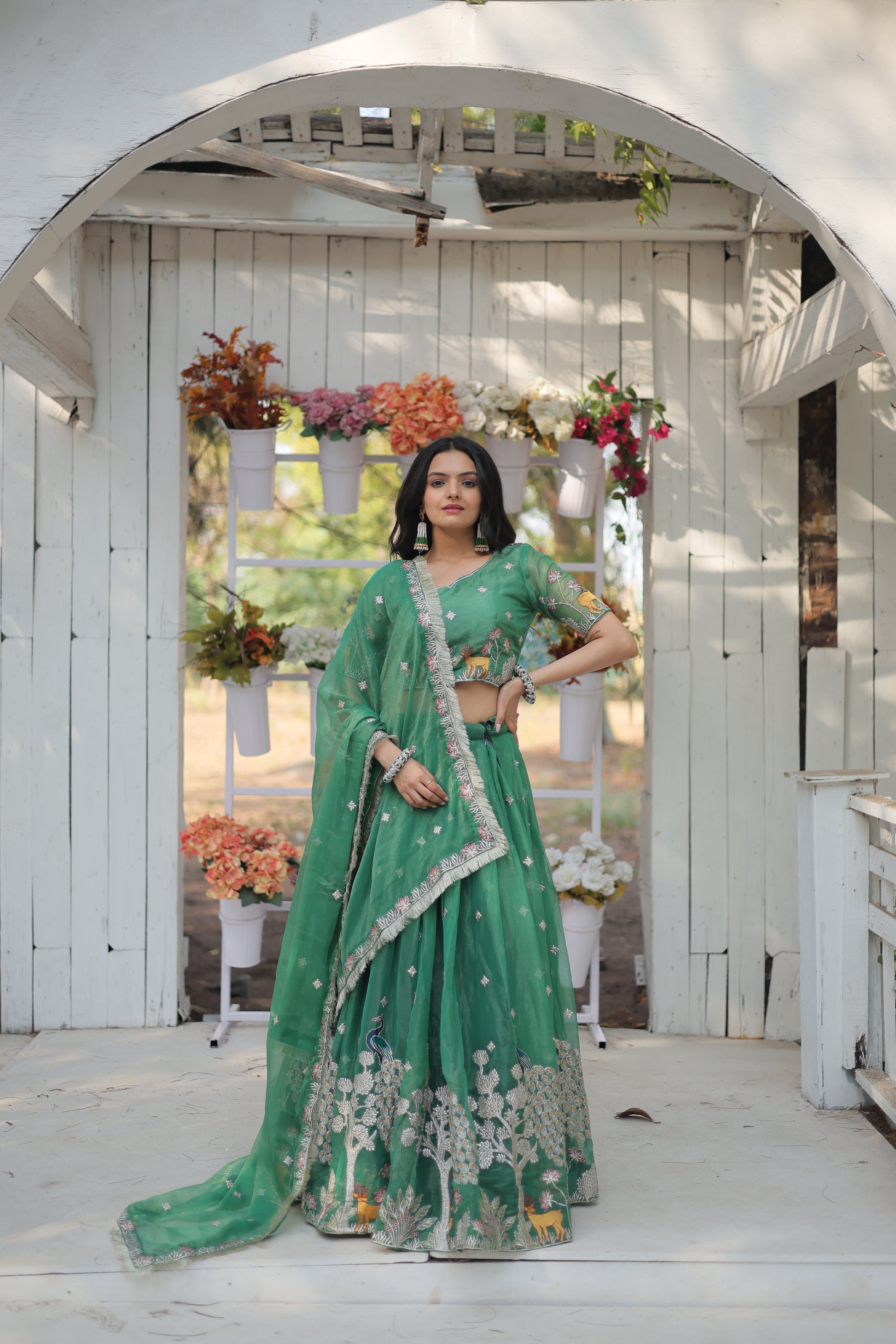 Lorenvalley Pista Gold Coin Fabric with Sequins and Thread Embroidered work Lehenga Choli with Dupatta | Swadesiicart