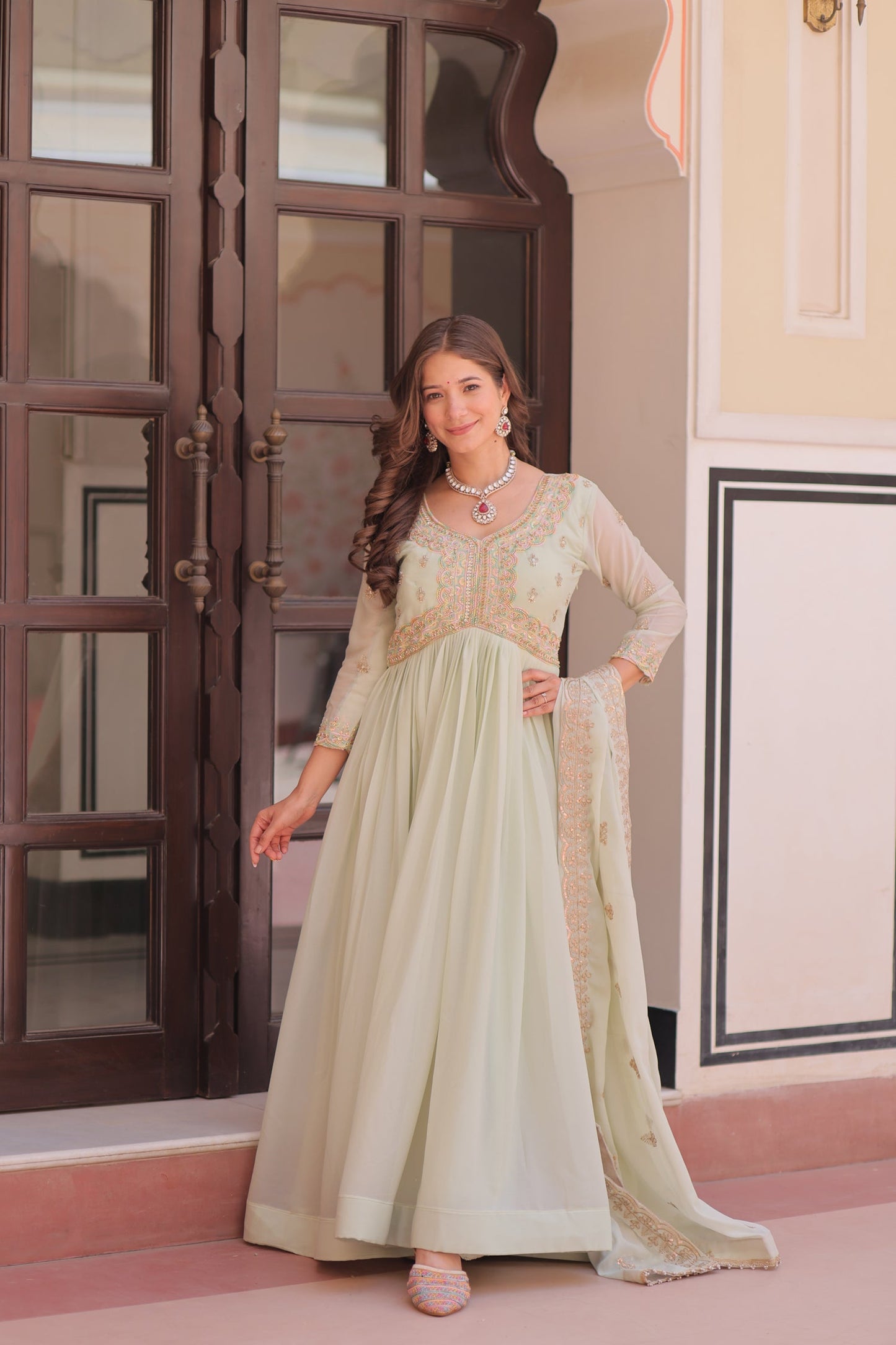 Lorenvalley Fashion Pista Star Georgette with Beads & Sequins Multi Embroidered work Anarkali Gown with Dupatta - Swadesiicart