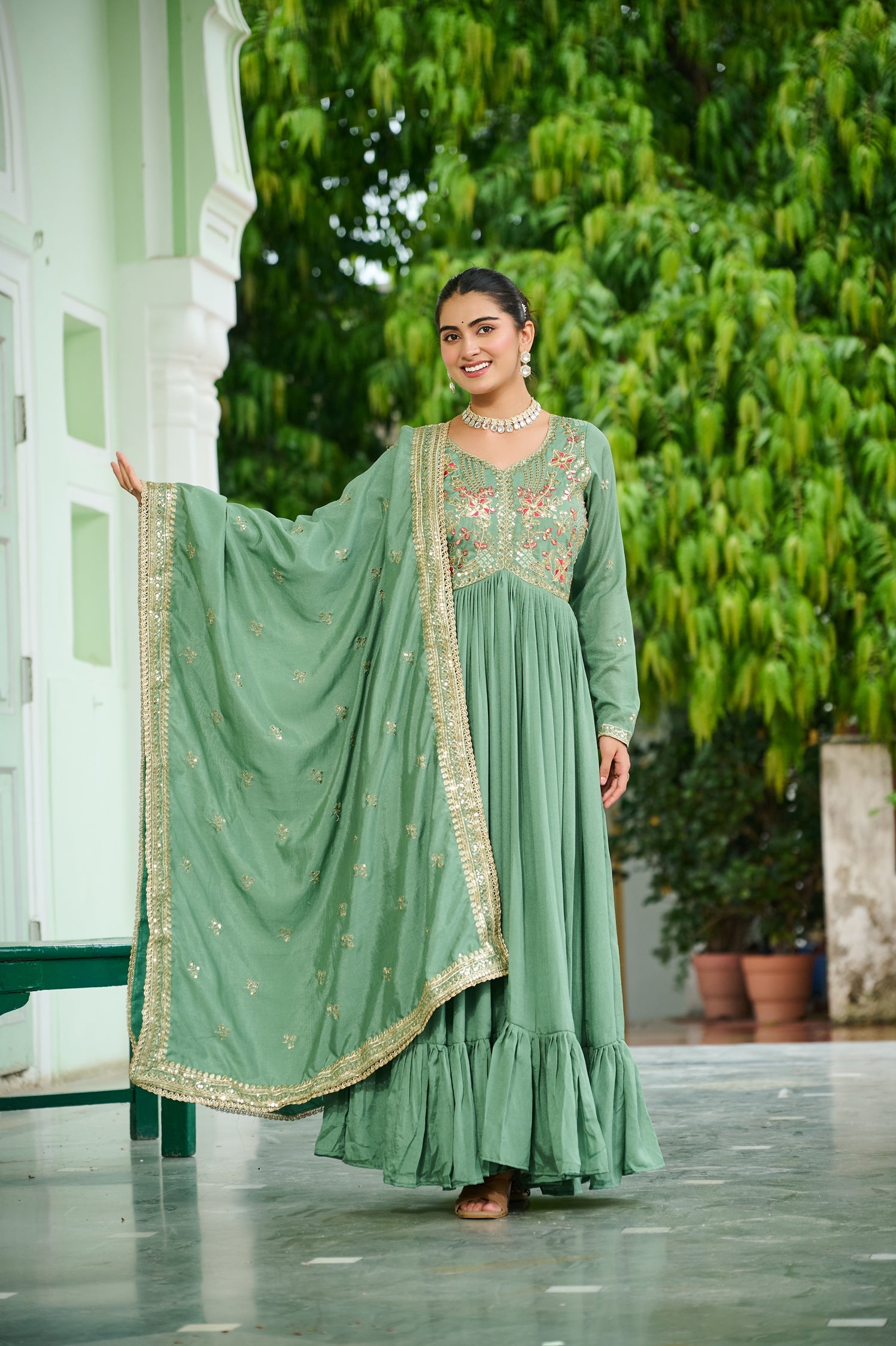 Lorenvalley Fashion Pista Vichitra Silk with Embroidered Zari & Thread work Anarkali Gown with Dupatta - Swadesiicart