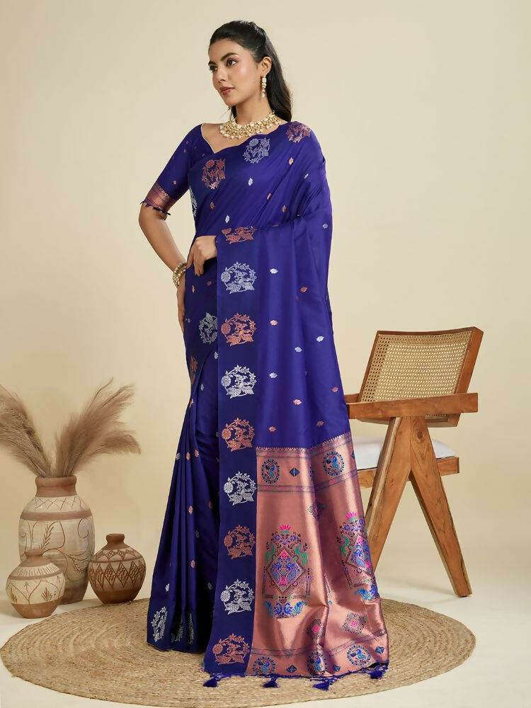 Vishnu Weaves Women's Royal-blue Banarasi Silk Zari Woven Saree with Blouse - Swadesiicart