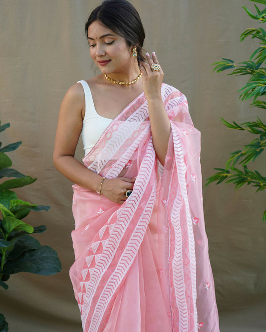 Vamsee Kamal Pink Organza Saree - Swadesiicart