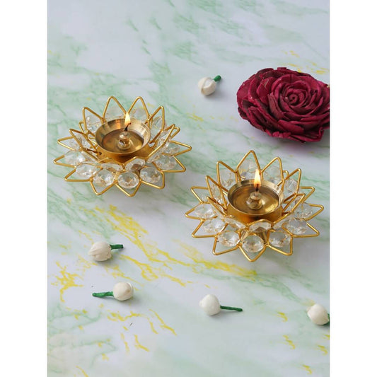eCraftIndia Gold-Toned & White 2 Pieces Crystal Lotus Shape Brass Diyas | Swadesiicart