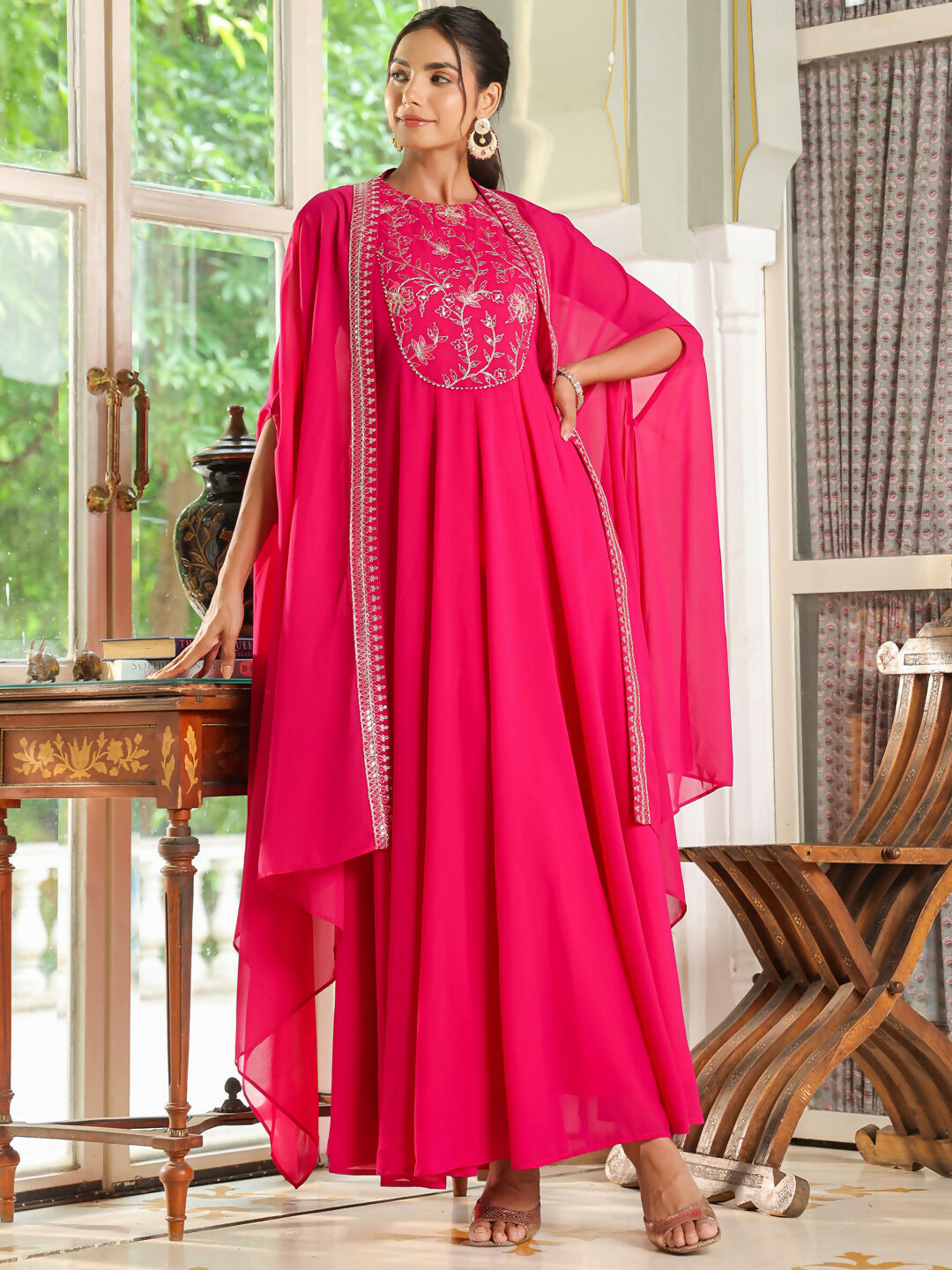 Janasya Pink Georgette Embroidered Dress & Cape | Swadesiicart