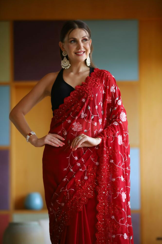 Vamsee Ashi Red Georgette Saree - Swadesiicart