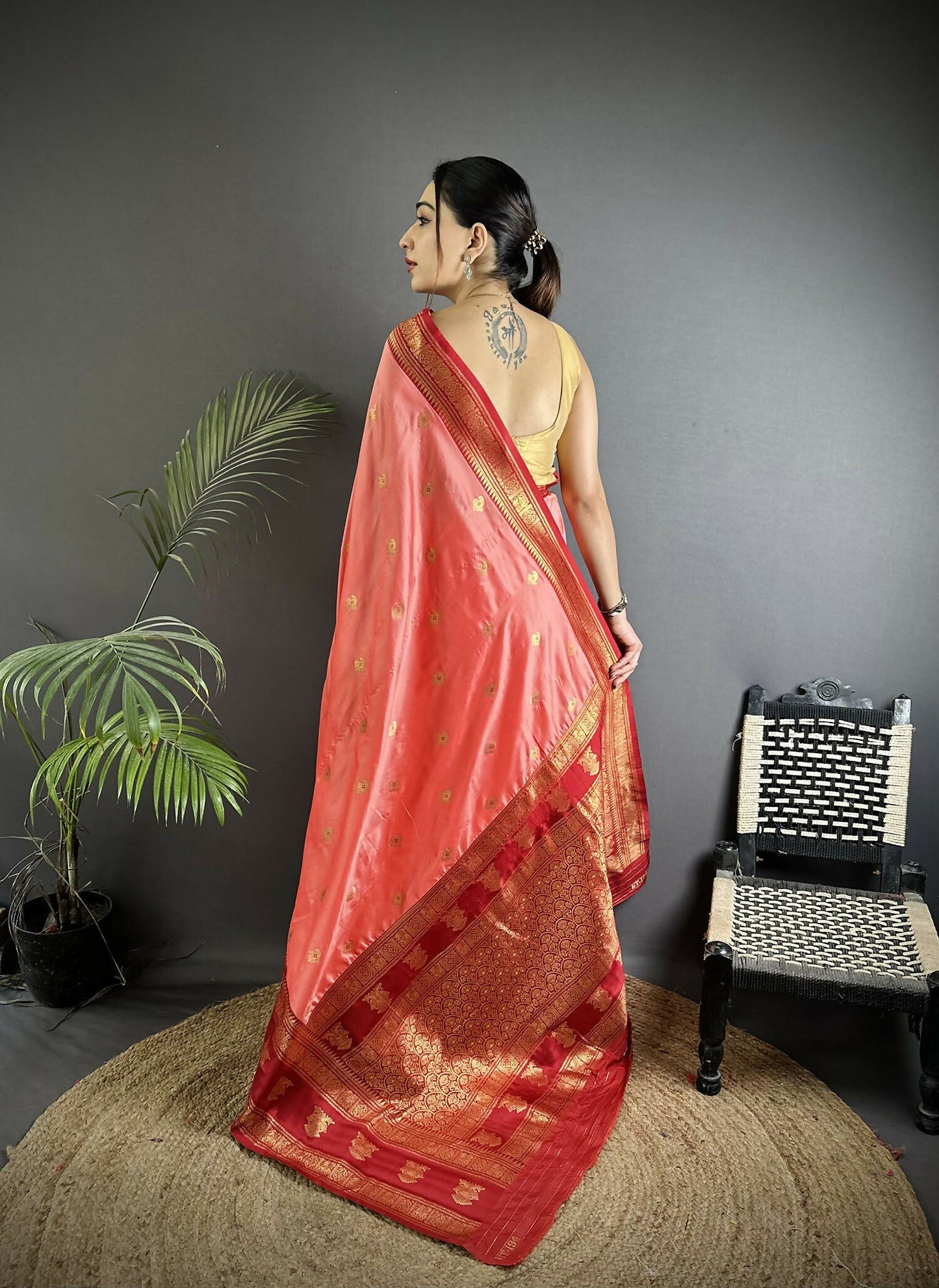 Joban Fashion Peach Banarasi Soft Silk Woven Butti Saree | Swadesiicart