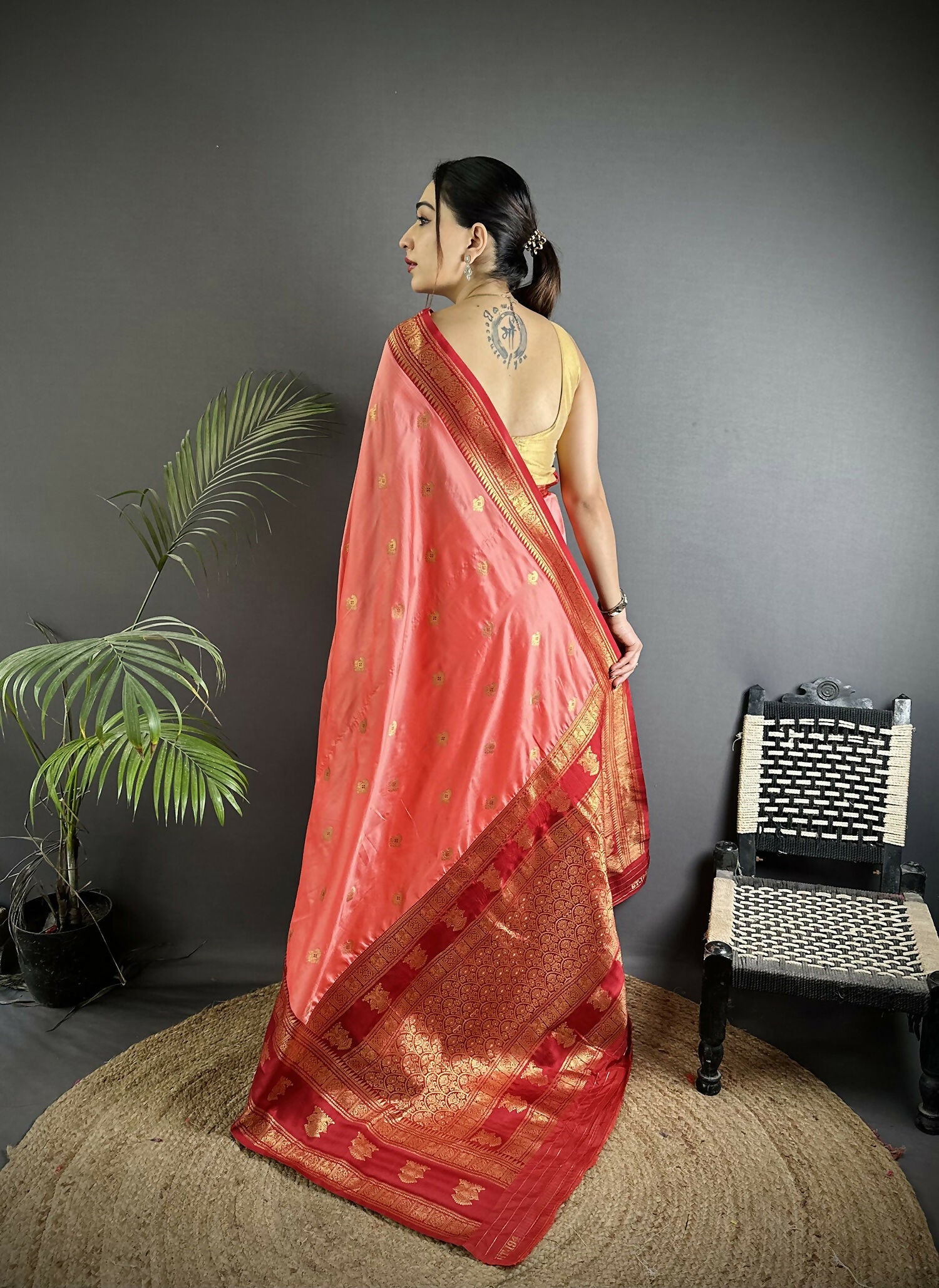 Joban Fashion Peach Banarasi Soft Silk Woven Butti Saree | Swadesiicart