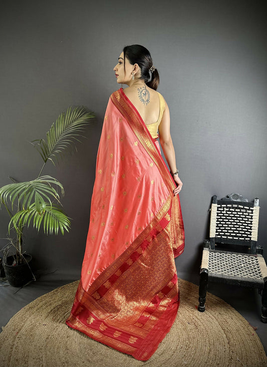 Joban Fashion Peach Banarasi Soft Silk Woven Butti Saree | Swadesiicart