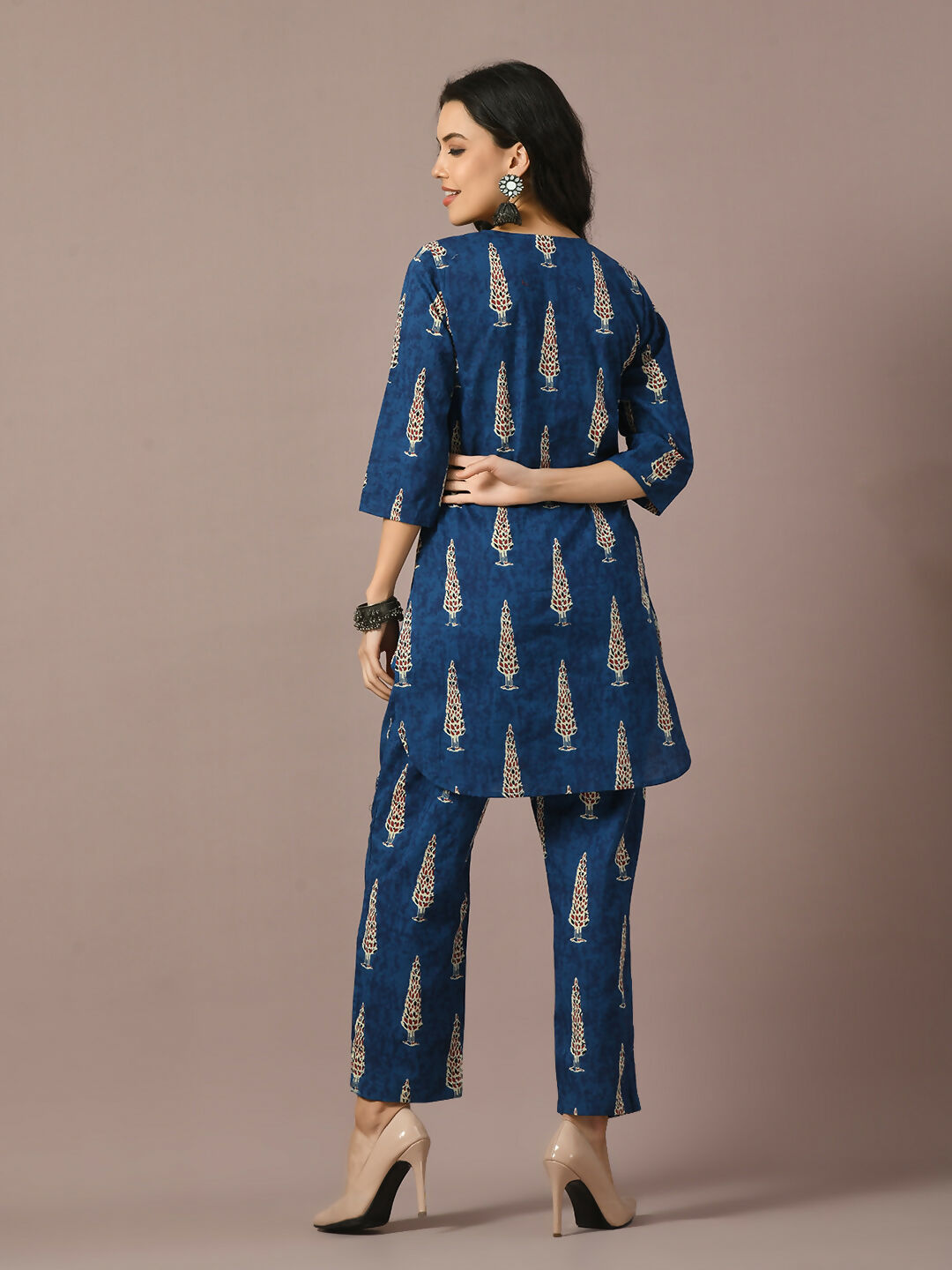 Myshka Women's Blue Printed Cotton Round Neck Party Tunic With Trousers Co-ord set - Swadesiicart
