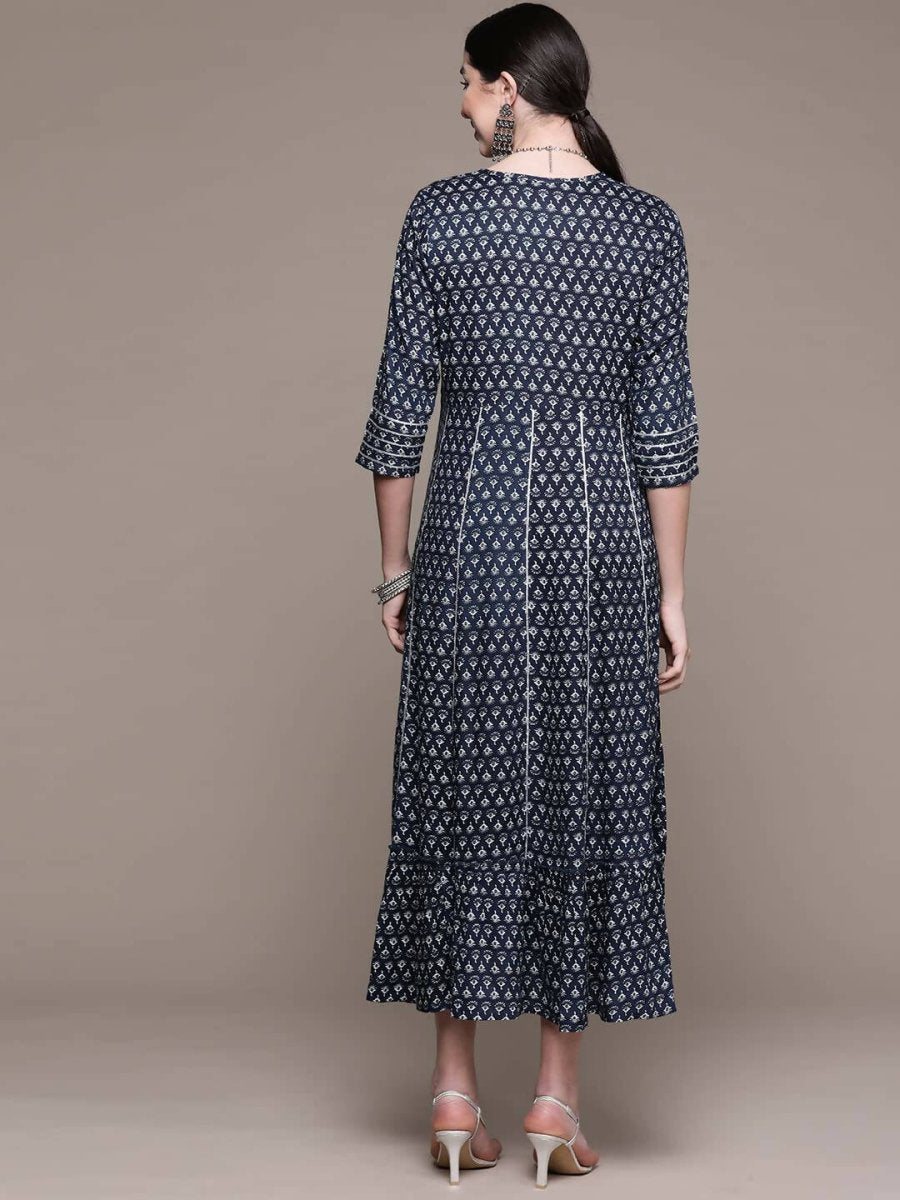 Anubhutee Women's Viscose Rayon Navy Blue Printed Ethnic Dress | Swadesiicart